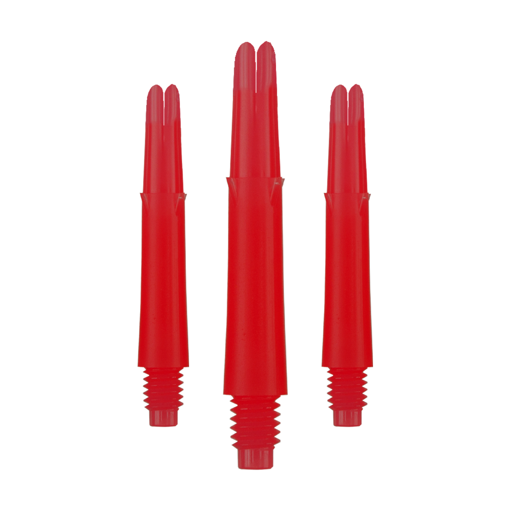 Ejes en L bloqueados rectos estilo L - Rojo Auf dem Bild sind drei rote, gerade Dartschäfte zu sehen. Sie haben ein Schraubgewinde am unteren Ende und sind jeweils 32 mm lang.
