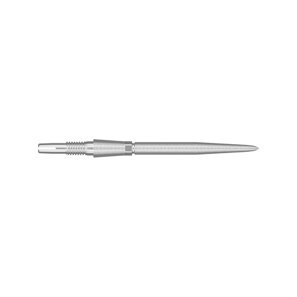340081_Target_Swiss_Storm_Nano_Point_Dartspitzen_Silber_30mm_2 Dies ist eine silberne Dartspitze mit feinen Rillen. Sie ist schmal und hat eine spitz zulaufende Form.