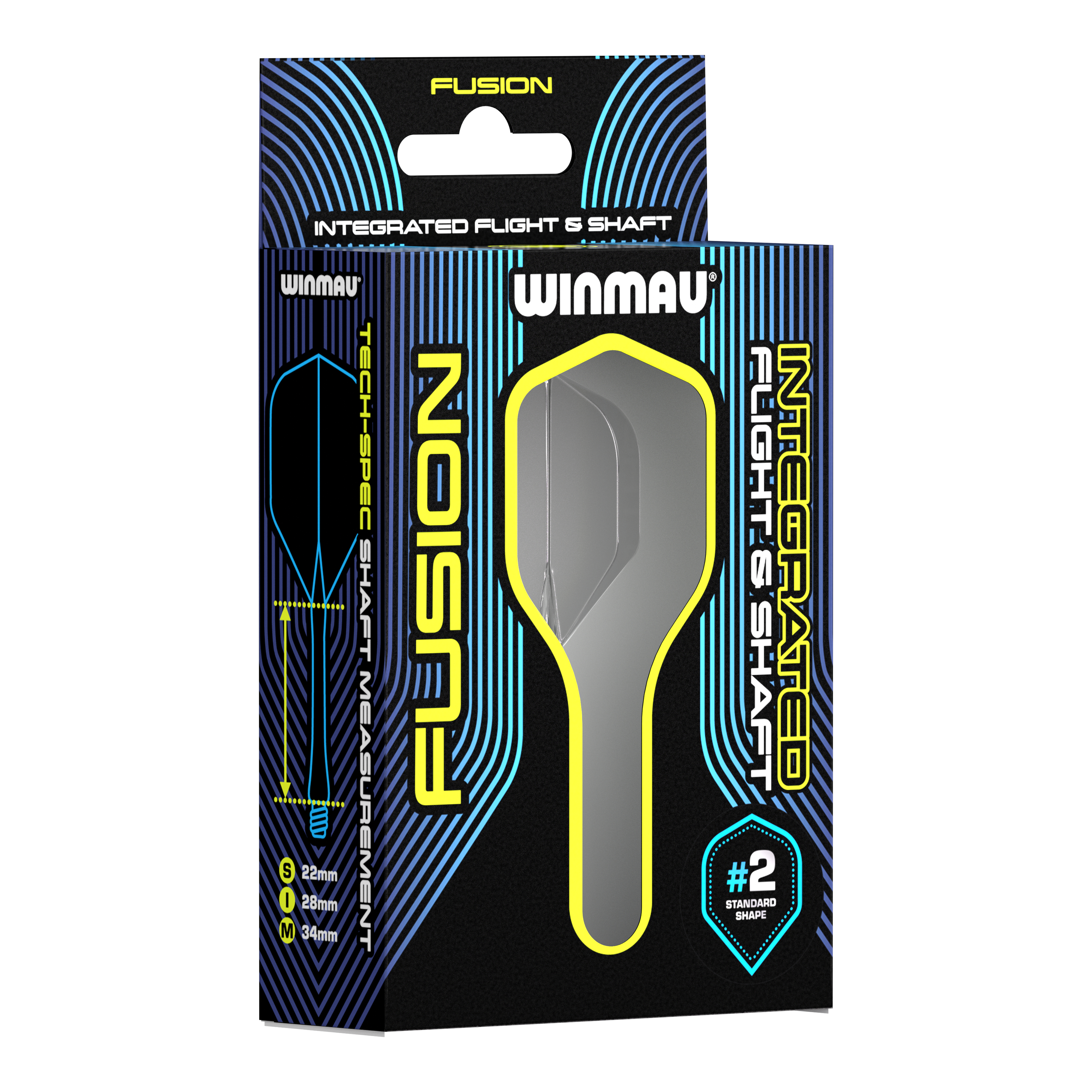 Sistema de eje de vuelo Winmau Fusion estándar Smokey Auf dem Bild ist eine Verpackung des Winmau Fusion Integrated Flight & Shaft Systems zu sehen. Das Produkt hat die Größe 22 mm und ist in der Farbe "Smokey" erhältlich.