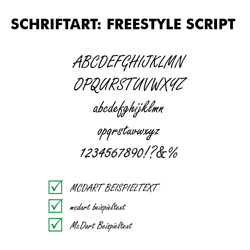 Flightdruck-Schriftart-Freestyle-Scriptjs85TAI9E00rd Das Bild zeigt die Schriftart "Freestyle Script" mit Beispielbuchstaben und Zahlen. Unten werden Beispieltexte in dieser Schriftart angezeigt, jeweils mit einem grünen Häkchen davor.