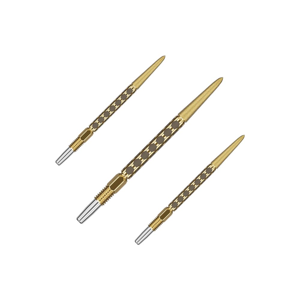 Puntas de dardo Target Swiss FLT Point - Oro Mehrere kurze goldene Dartspitzen sind als Set nebeneinander angeordnet. Die Spitzen verlaufen parallel.