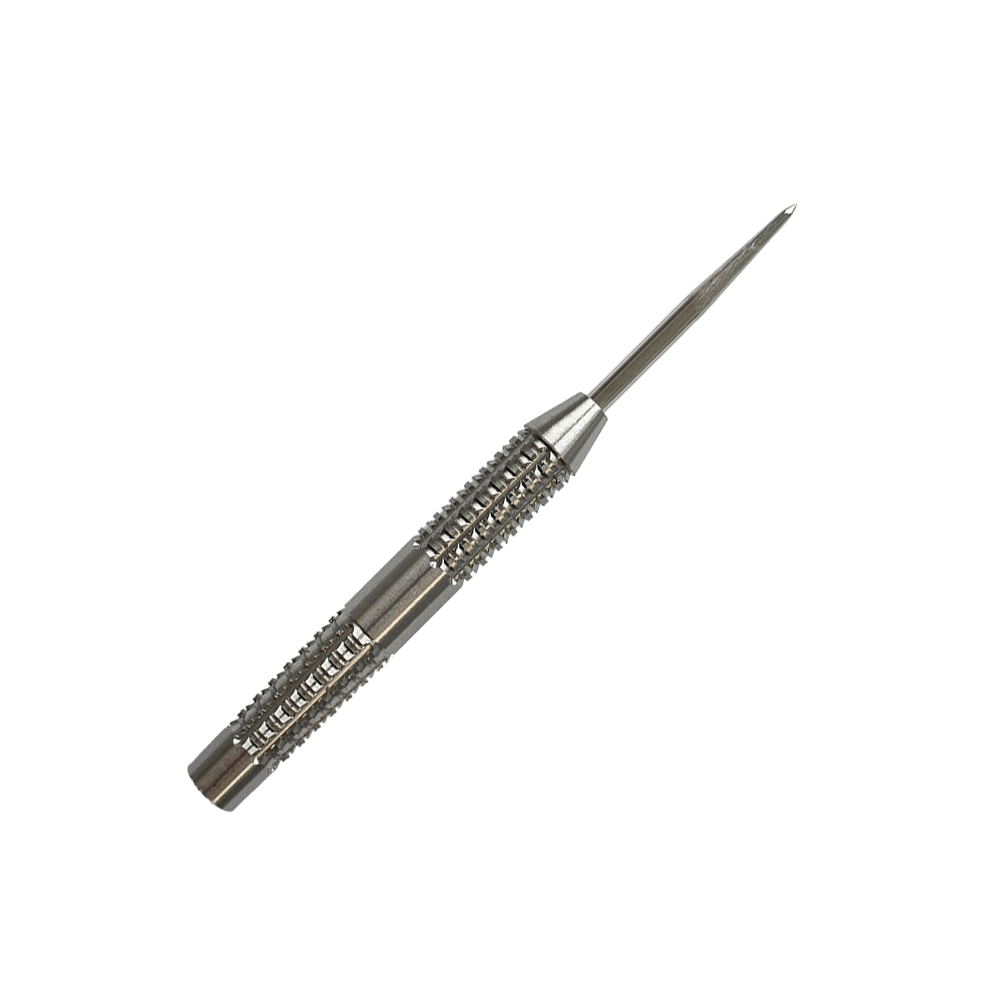 Barriles de dardos de acero McDart SilverGrip Das Bild zeigt einen silbernen Steeldart-Barrel mit feinem Rillenmuster für besseren Halt. Es handelt sich um das Produkt "McDart SilverGrip Steeldart Barrels".