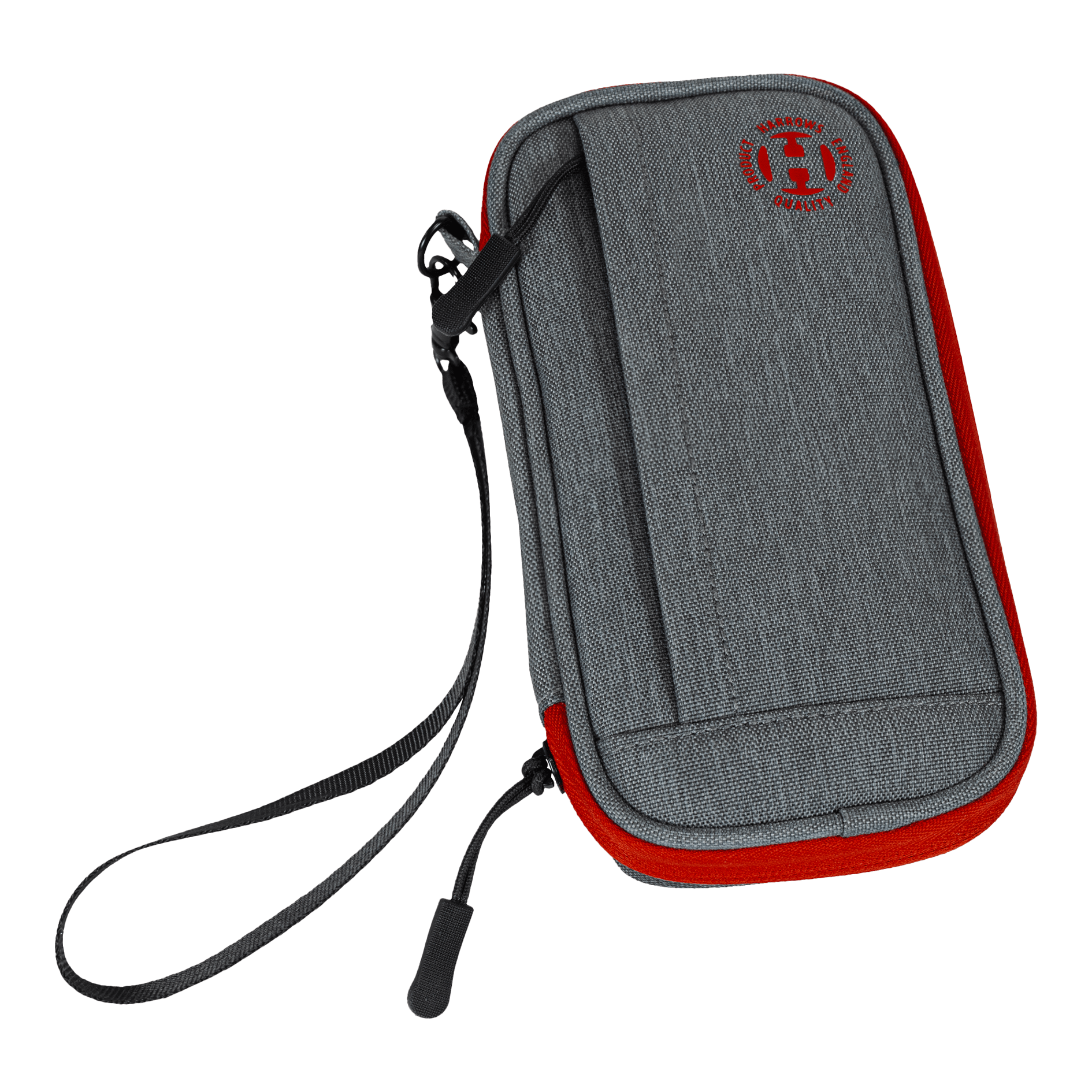 Cartera inteligente Harrows Dartcase Das Bild zeigt ein graues Dart-Etui mit roten Akzenten und einer schwarzen Handschlaufe. Auf der Vorderseite befindet sich ein rundes Logo in Rot.