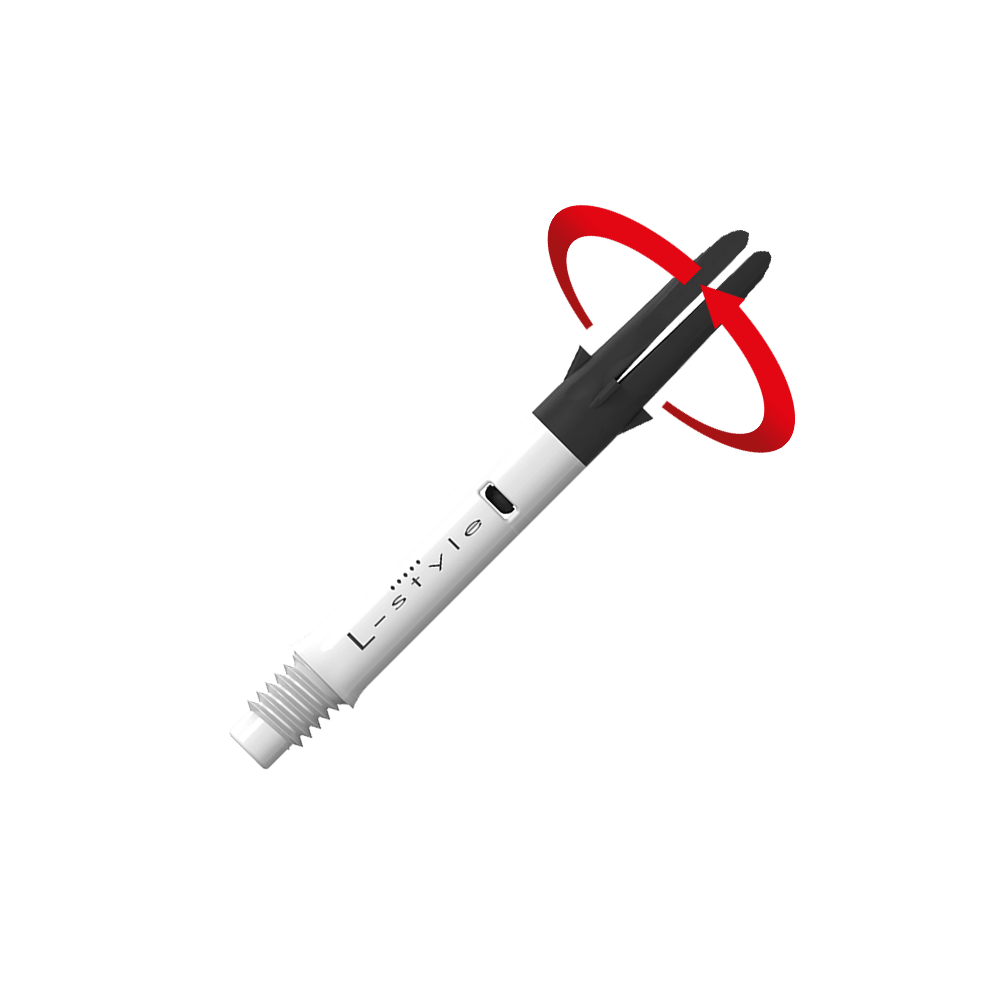Flecha recta silenciosa de carbono estilo L - Blanca Das Bild zeigt einen weißen und schwarzen Dartshaft mit der Aufschrift "L-style". Ein roter Pfeil deutet auf eine Drehbewegung an der oberen schwarzen Spitze des Schafts hin.