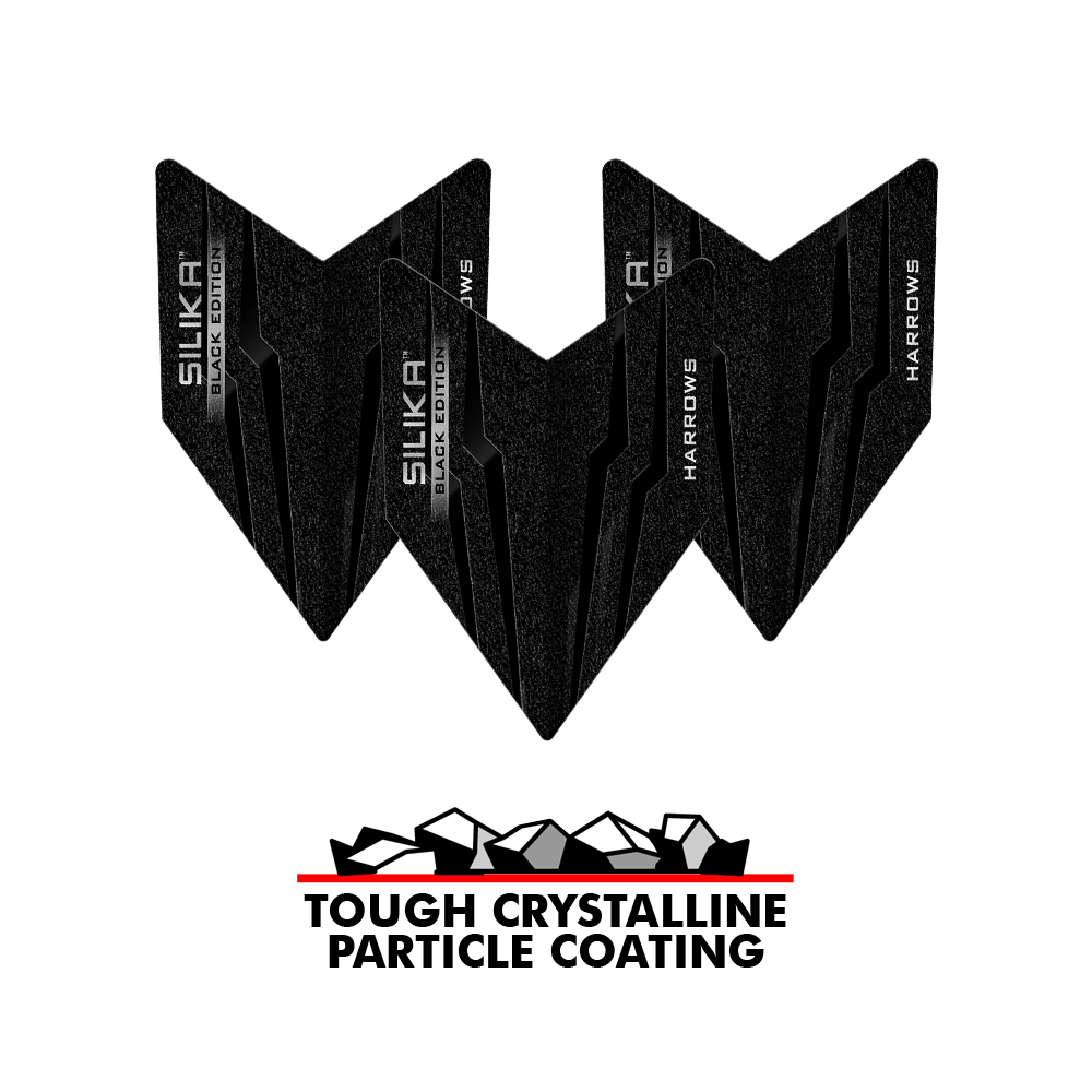 Vuelos Harrows Silika Black Edition Velos Das Bild zeigt die Harrows Silika Black-Edition Velos Flights in schwarzem Design. Unter den Flights steht der Slogan "Tough Crystalline Particle Coating" mit einer Grafik von Kristallen.