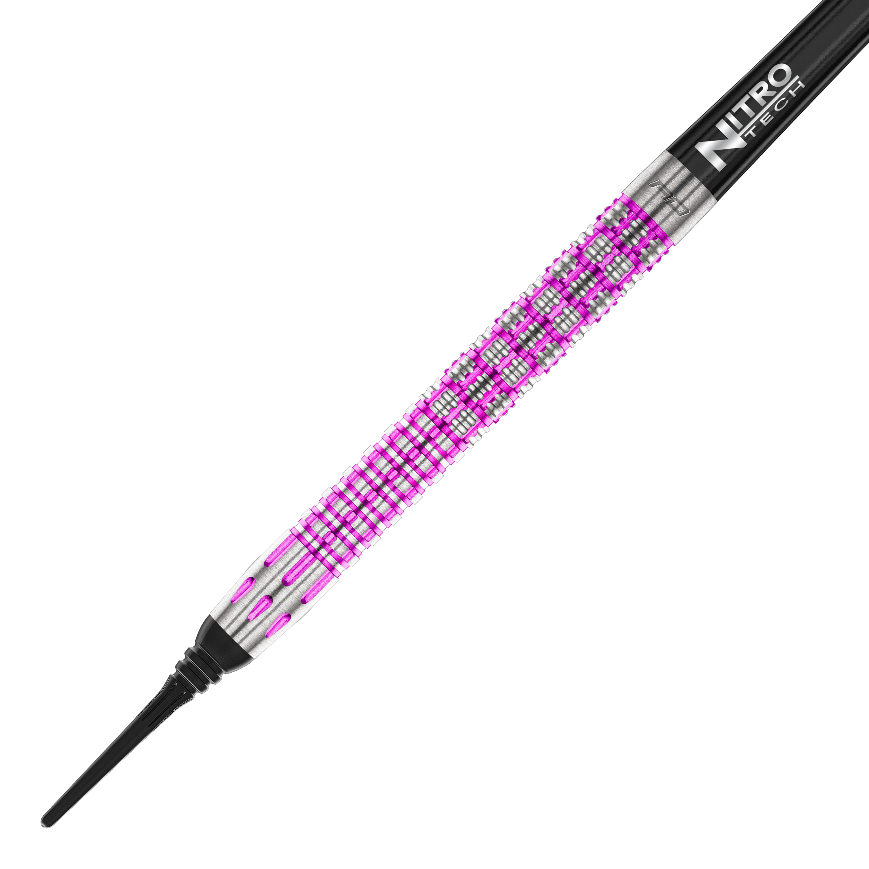 Dardos blandos Red Dragon Tyrian - 22 g Das Bild zeigt einen Red Dragon Tyrian Softdart mit einem Gewicht von 22g. Der Dart hat ein auffälliges Muster in Silber und Pink am Griff.