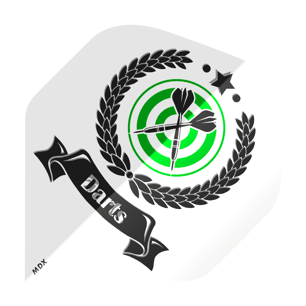 MD-650_2-Seitig_Bedruckte_Clear_Flights_Logo_oder_Bilddruck_2 Das Bild zeigt einen bedruckten Flightsatz für Darts mit einem Lorbeerkranz, einer Zielscheibe und zwei Dartpfeilen in der Mitte. Unten steht das Wort "Darts" auf einem schwarzen Banner, und oben ist ein schwarzer Stern abgebildet.