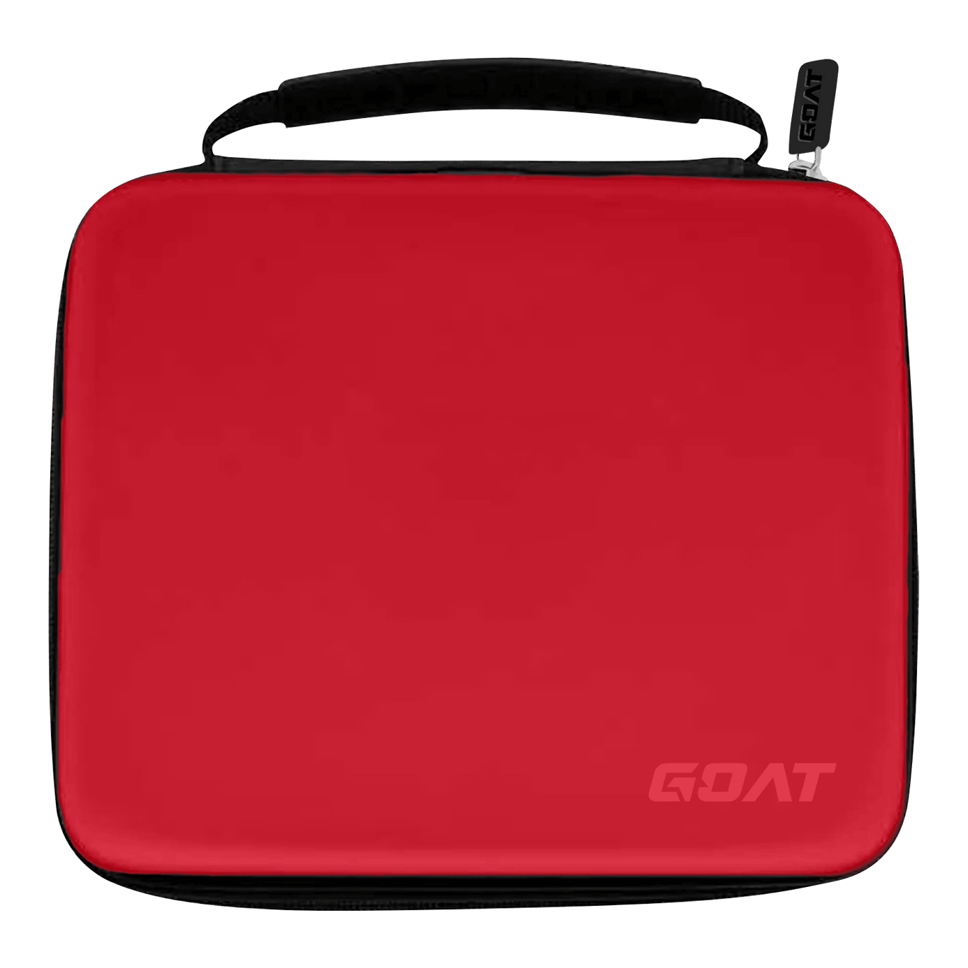Cartera de dardos GOAT Locker XXL Das Bild zeigt ein rotes Etui mit schwarzem Griff und Reißverschluss. In der unteren rechten Ecke steht das Wort „GOAT“.