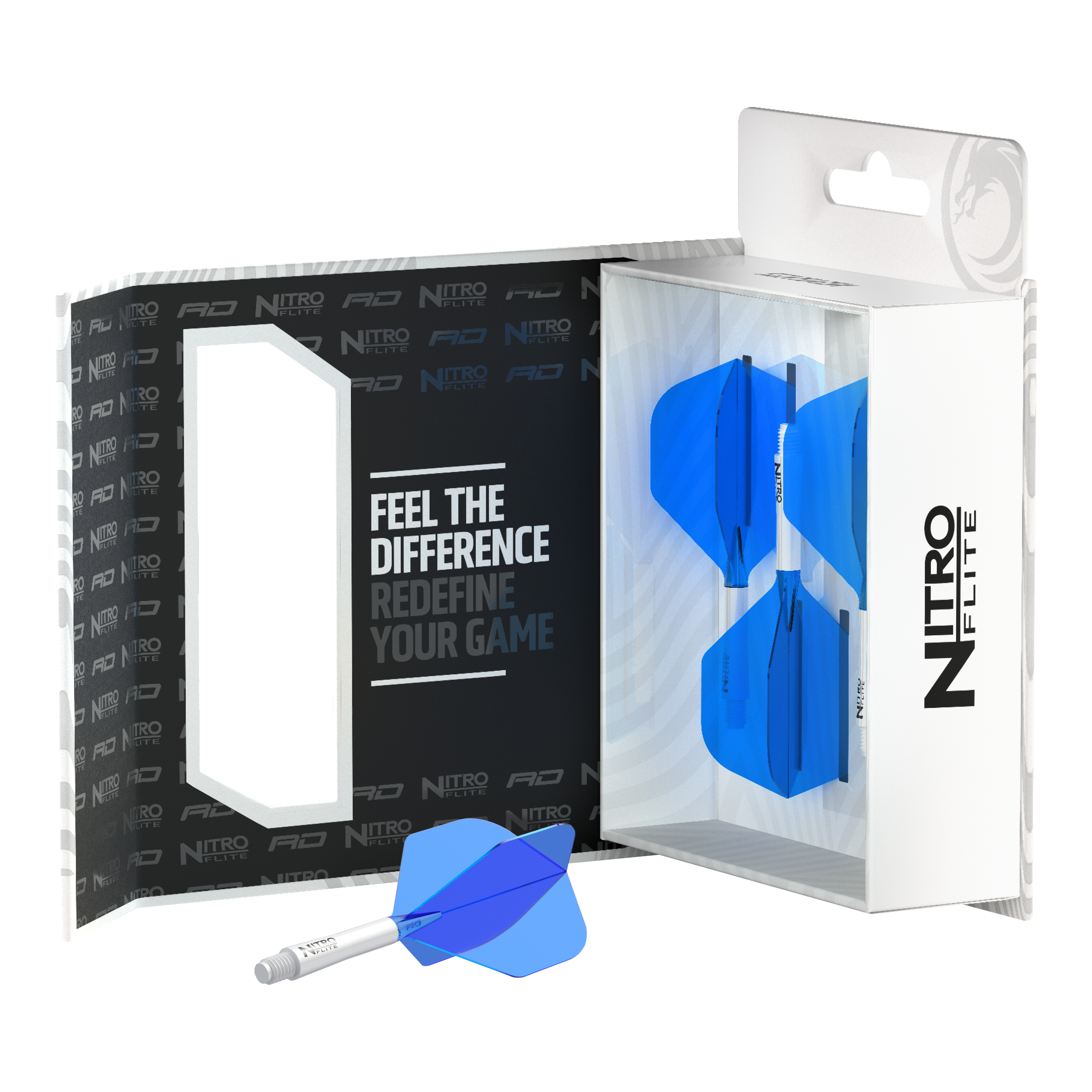 Red Dragon Nitroflite - Eje blanco, vuelos azules nº 2 Das Bild zeigt die Verpackung des Produkts "Red Dragon Nitroflite - White Shaft Blue No2 Flights". In der Verpackung sind drei Darts mit weißen Schäften und blauen Flights zu sehen.