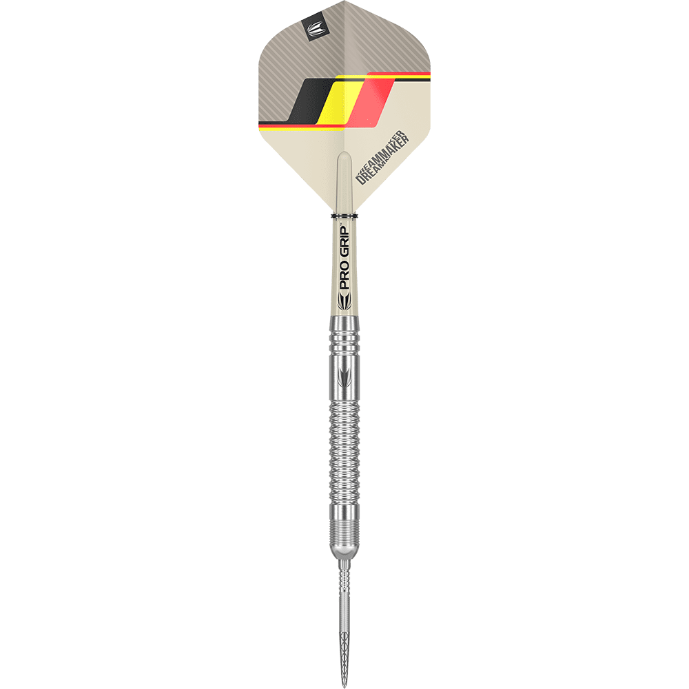 190224-_Target_Dimitri_Van_Den_Bergh_GEN2_Swiss_Point_Steeldarts_1kvG6i94v5KXSF Das Bild zeigt einen silbernen Steeldartpfeil mit einem strukturierten Griff. Das Dartflight ist mit den Farben Schwarz, Gelb und Rot gestaltet und trägt die Aufschrift "DREAMMAKER".
