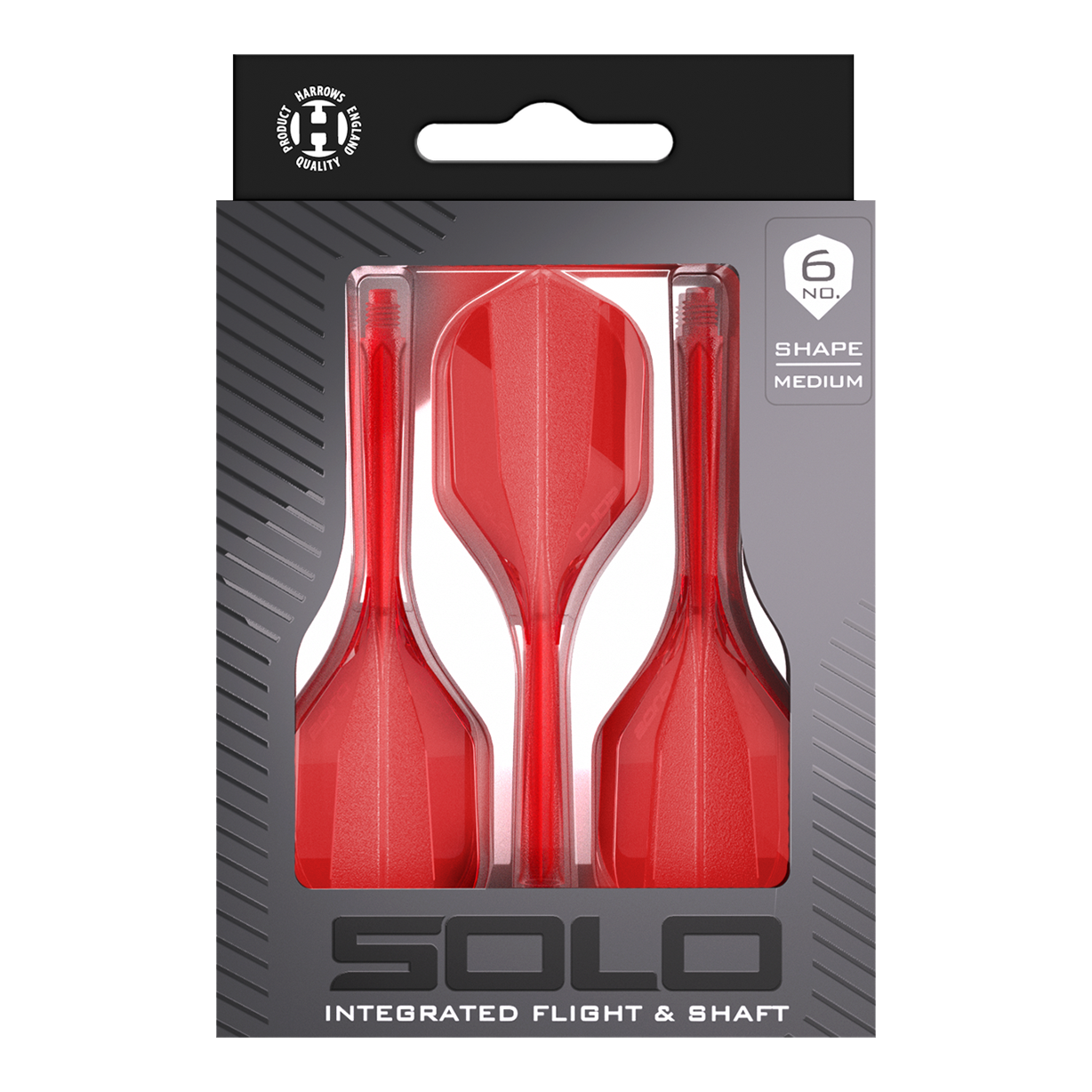 Das Bild zeigt das Harrows Solo No6 Flight-Shaft-System in Rot. Es ist eine Kombination aus Flight und Schaft für Darts.