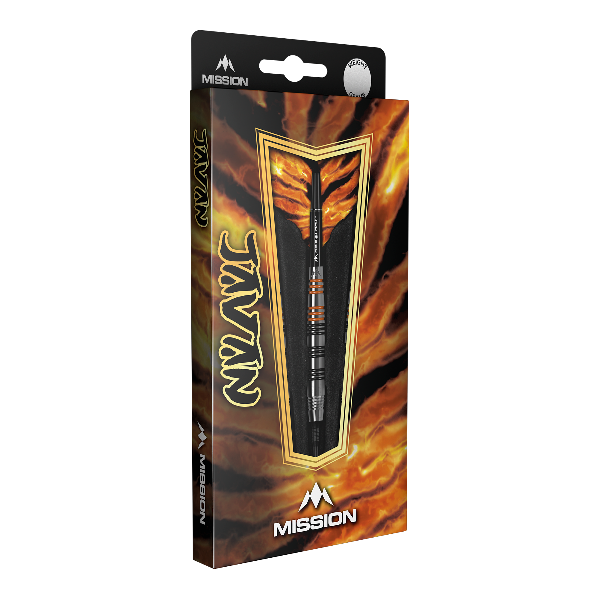 Dardos blandos de latón Mission Javan - 18 g Die Abbildung zeigt die Verpackung der "Mission Javan Brass Softdarts - 18g". Die Verpackung ist auffällig gestaltet und zeigt einen einzelnen Dartpfeil durch ein Sichtfenster.