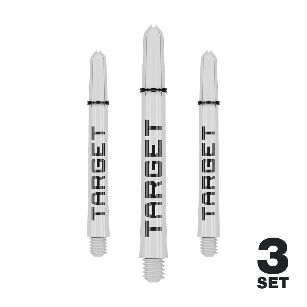 Das Bild zeigt drei weiße Dartschäfte mit der Aufschrift "TARGET". In der rechten unteren Ecke steht "3 SET".