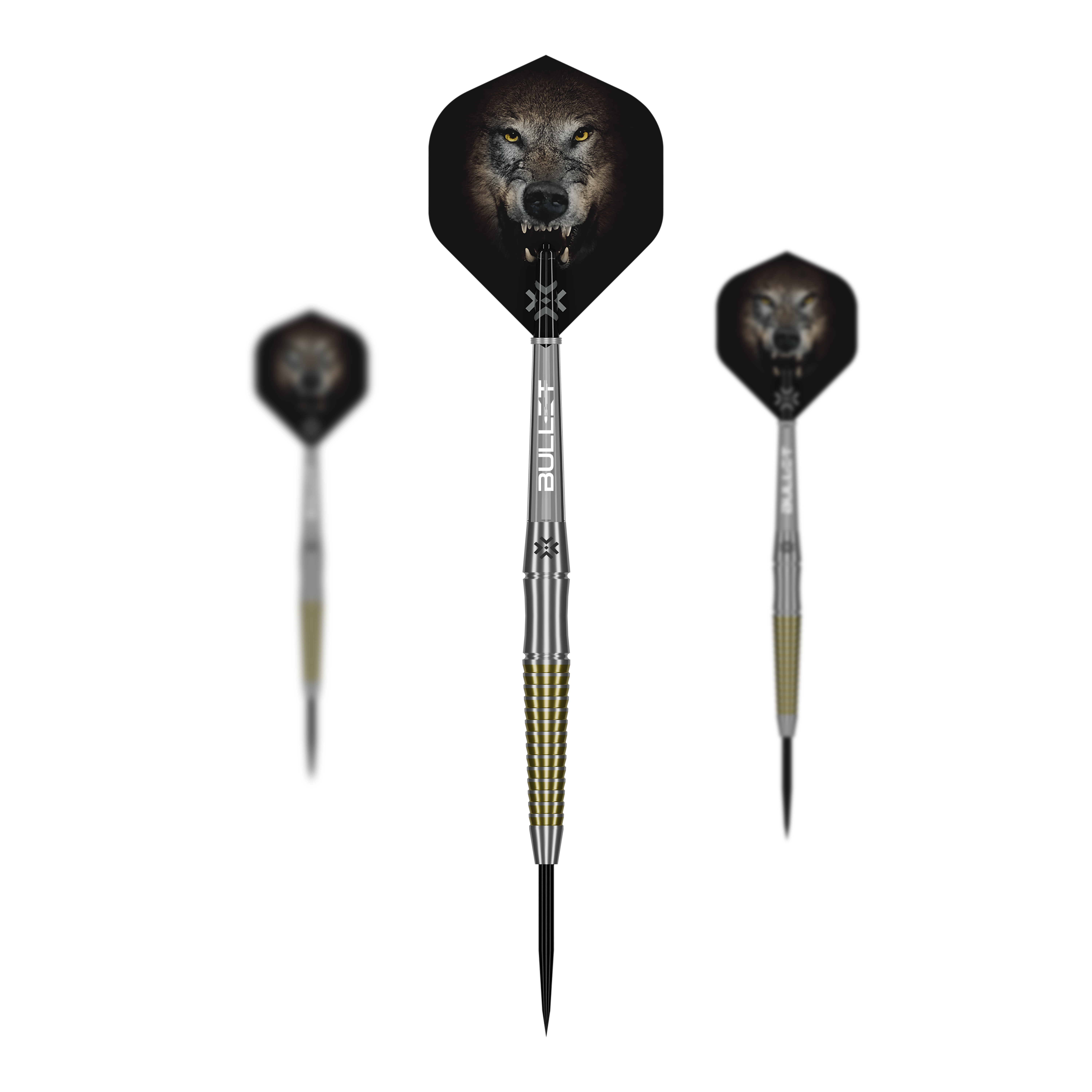 Dardos de acero Bullet Fang Das Bild präsentiert ein Set der Bullet Fang Steeldarts. Mehrere Darts sind als Set zusammen abgebildet.