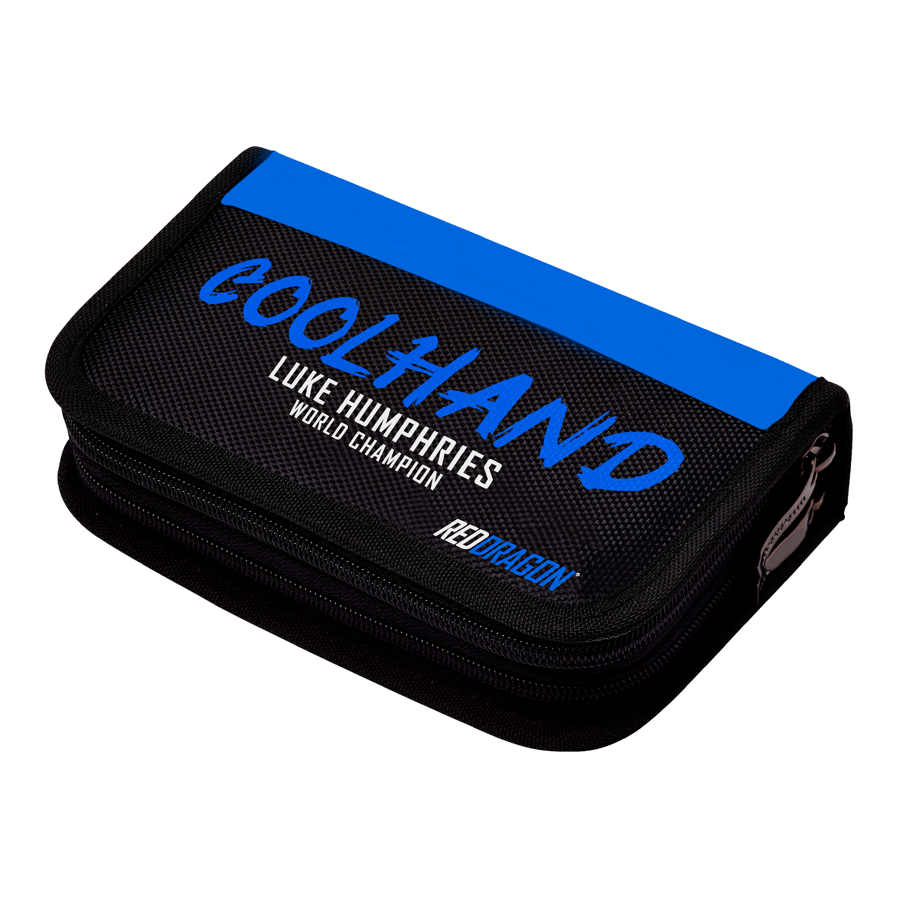 Cartera de 2 dardos Firestone, campeón mundial Luke Humphries de Red Dragon Das Bild zeigt das "Red Dragon Luke Humphries World Champion Firestone 2 Dartwallet". Das Dartwallet ist schwarz mit einem blauen Streifen und der Aufschrift "COOL HAND" sowie dem Namen "Luke Humphries World Champion".