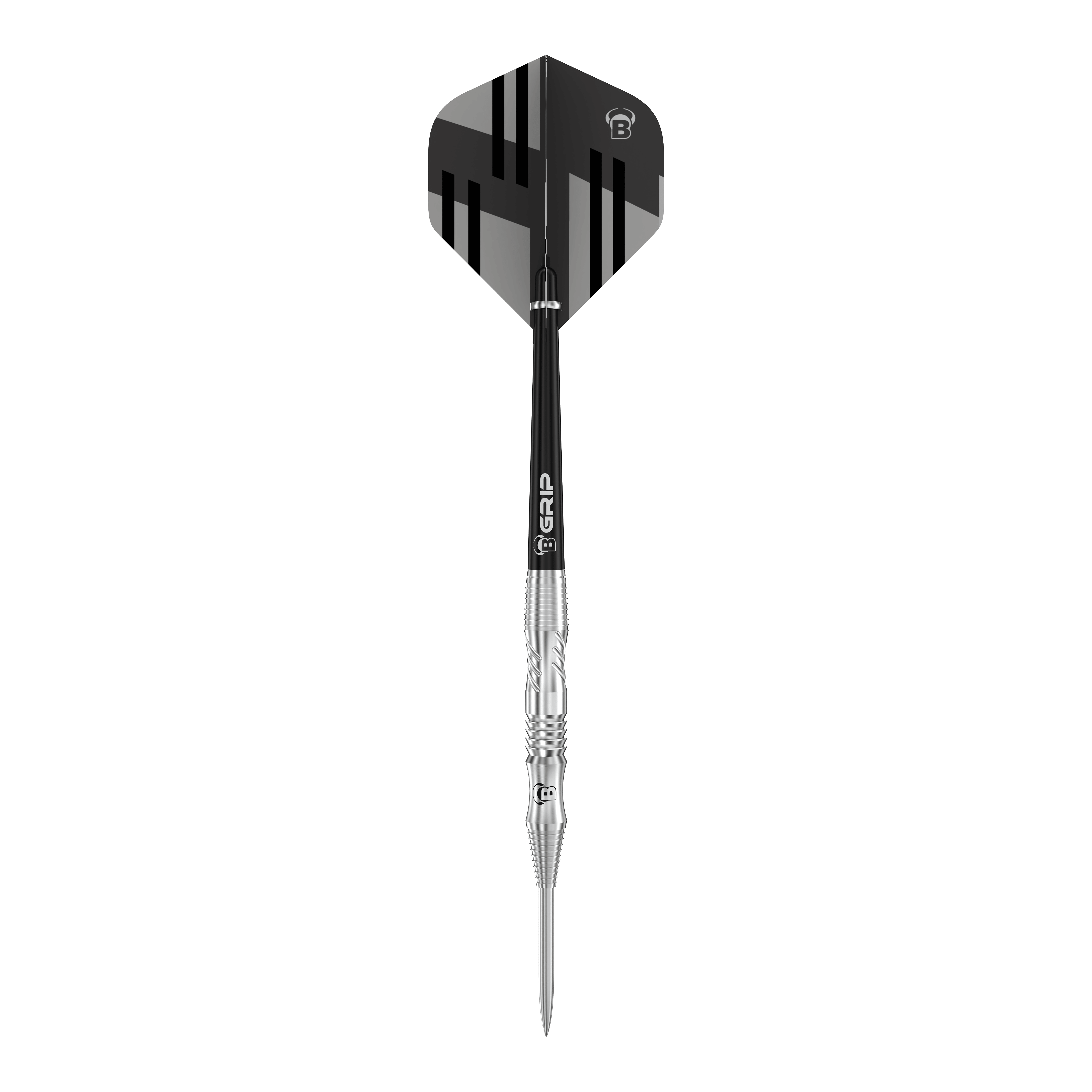 Dardos de acero Bulls Tac T1 Das Bild zeigt einen Bulls Tac T1 Steeldart. Der Dart hat ein silbernes Barrel und ein schwarz-graues Flight-Design.