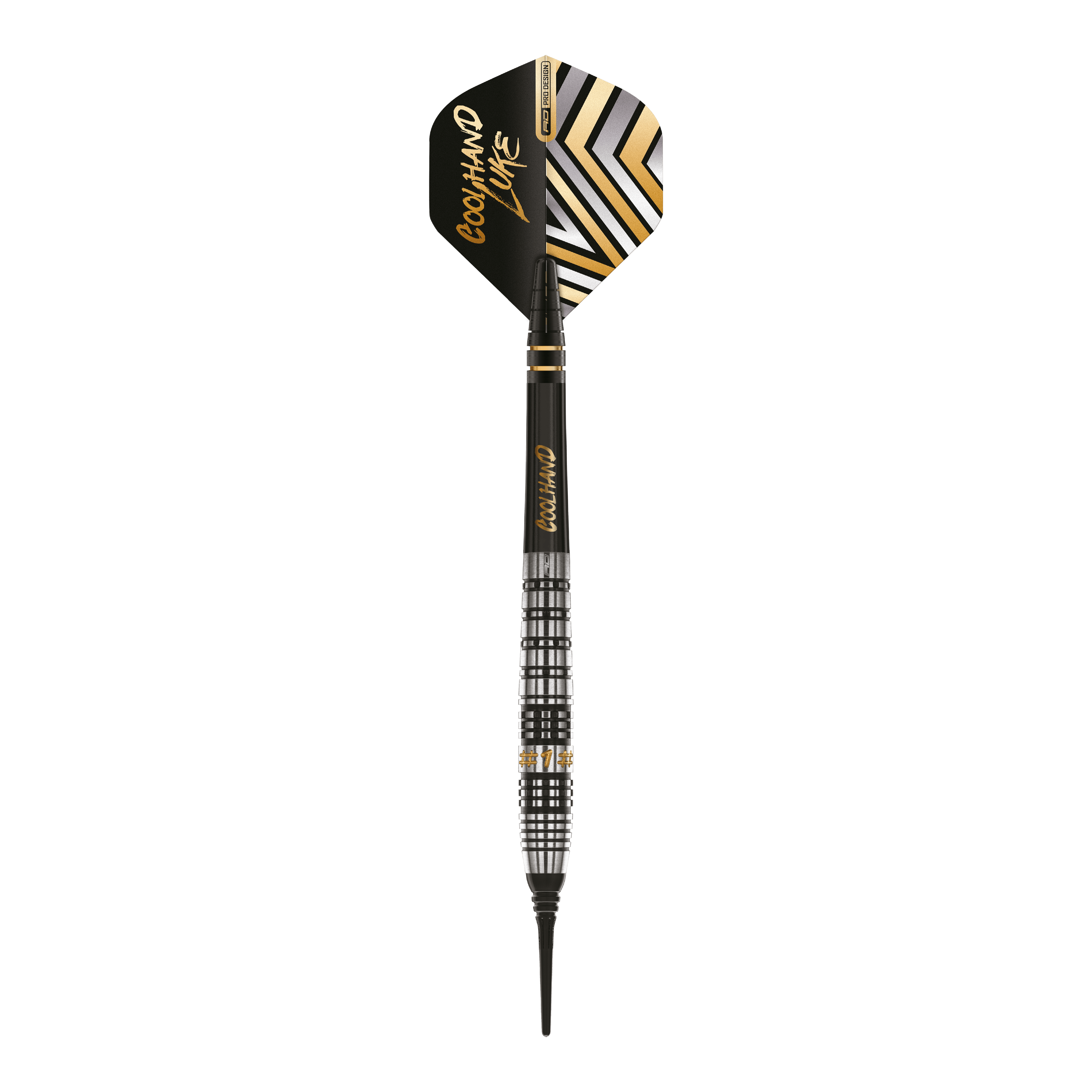 Dardos blandos Red Dragon Luke Humphries Prestige - 20 g Das Bild zeigt einen Red Dragon Luke Humphries Prestige Softdart mit einem Gewicht von 20g. Der Dart hat ein modernes schwarzes und silbernes Design mit goldenen Akzenten und der Aufschrift "COOL HAND LUKE" auf dem Flight.