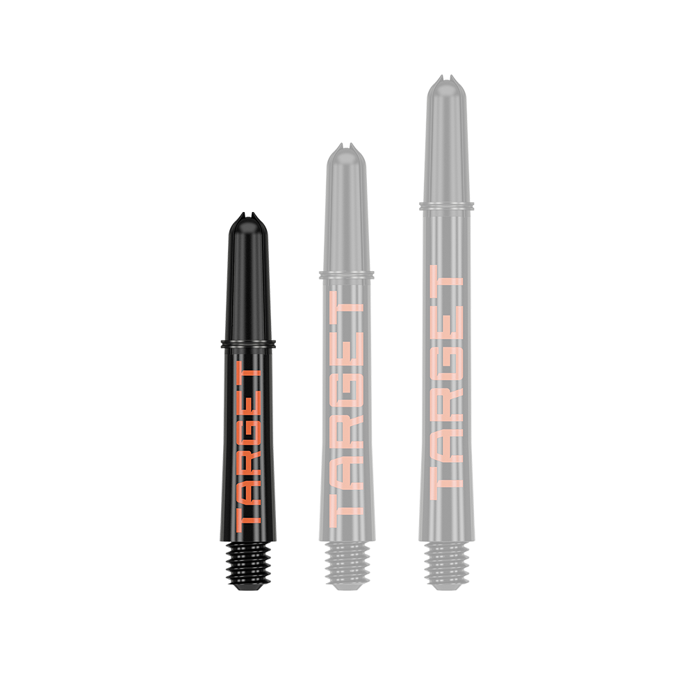 Varillas Target Pro Grip TAG - 3 juegos - Negro Naranja Auf dem Bild sind drei schwarze Dartschäfte in unterschiedlichen Längen zu sehen. Auf jedem Schaft steht in orangefarbener Schrift das Wort "TARGET".