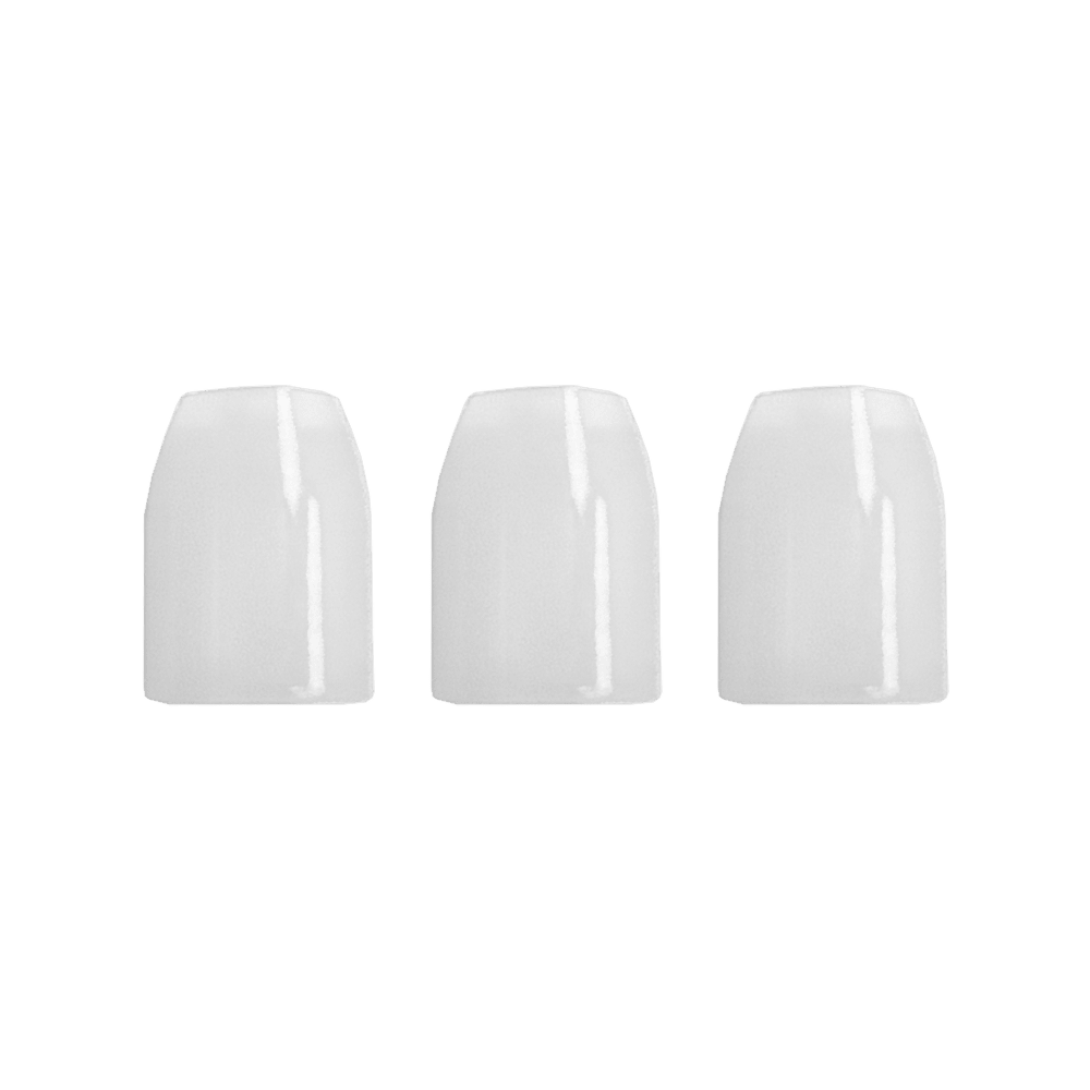 LSF11_L-Style_Champagne-Ringe_Weiss_2 Das Bild zeigt drei transparente L-Style Champagne Ringe, die nebeneinander angeordnet sind. Sie sind Zubehörteile für Dartflights und sorgen für einen sicheren Halt auf dem Schaft.