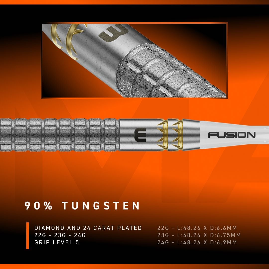 Dardos de acero Winmau Gian Van Veen W-MAX Switch Point Die Abbildung zeigt die Winmau Gian Van Veen W-MAX Switch Point Steeldarts. Drei Darts liegen nebeneinander auf einer weißen Fläche.