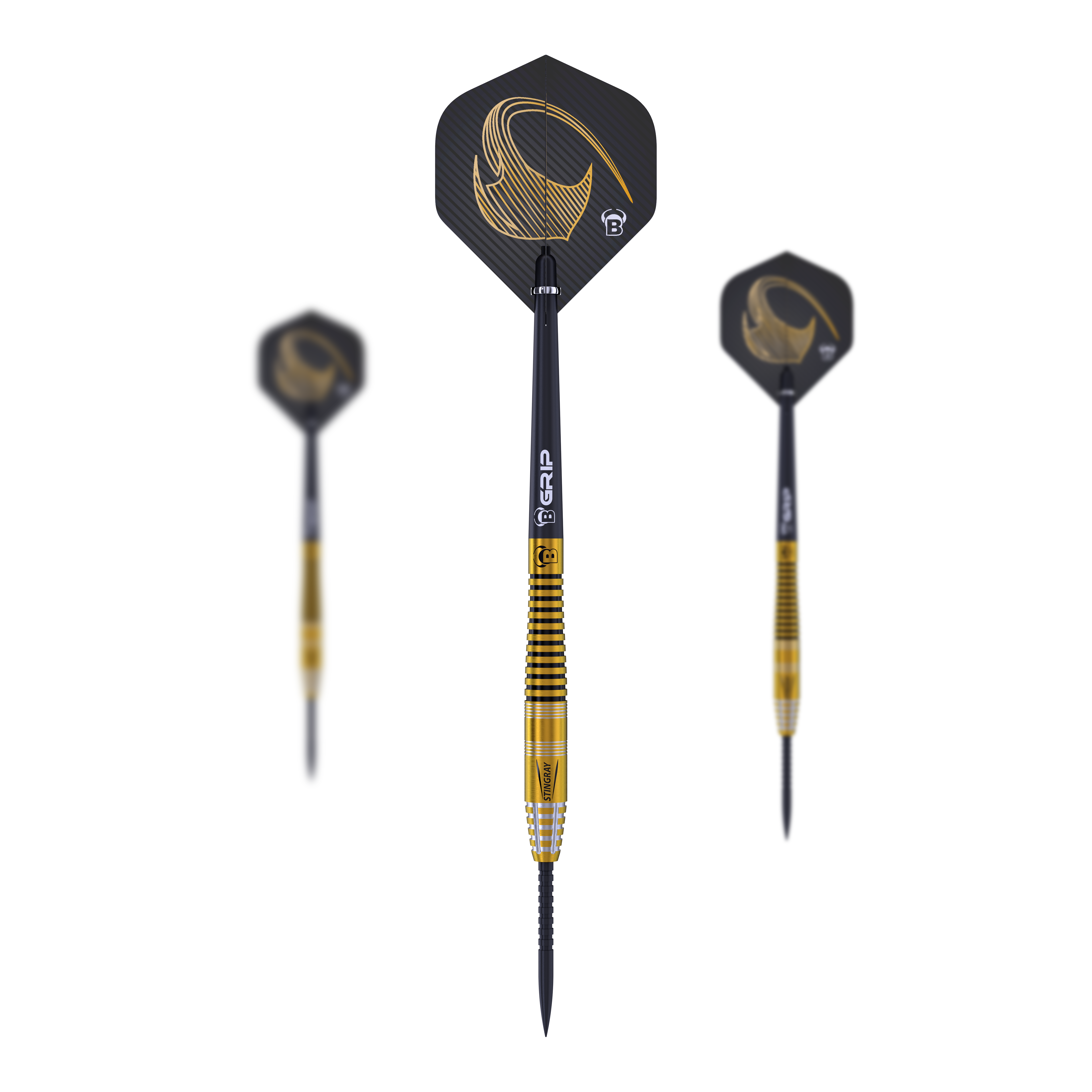 Dardos de acero Bulls Stingray ST3 Das Bild zeigt drei Steeldarts des Modells "Bulls Stingray ST3". Die Darts haben ein schwarzes und goldenes Design mit geriffeltem Griffbereich.