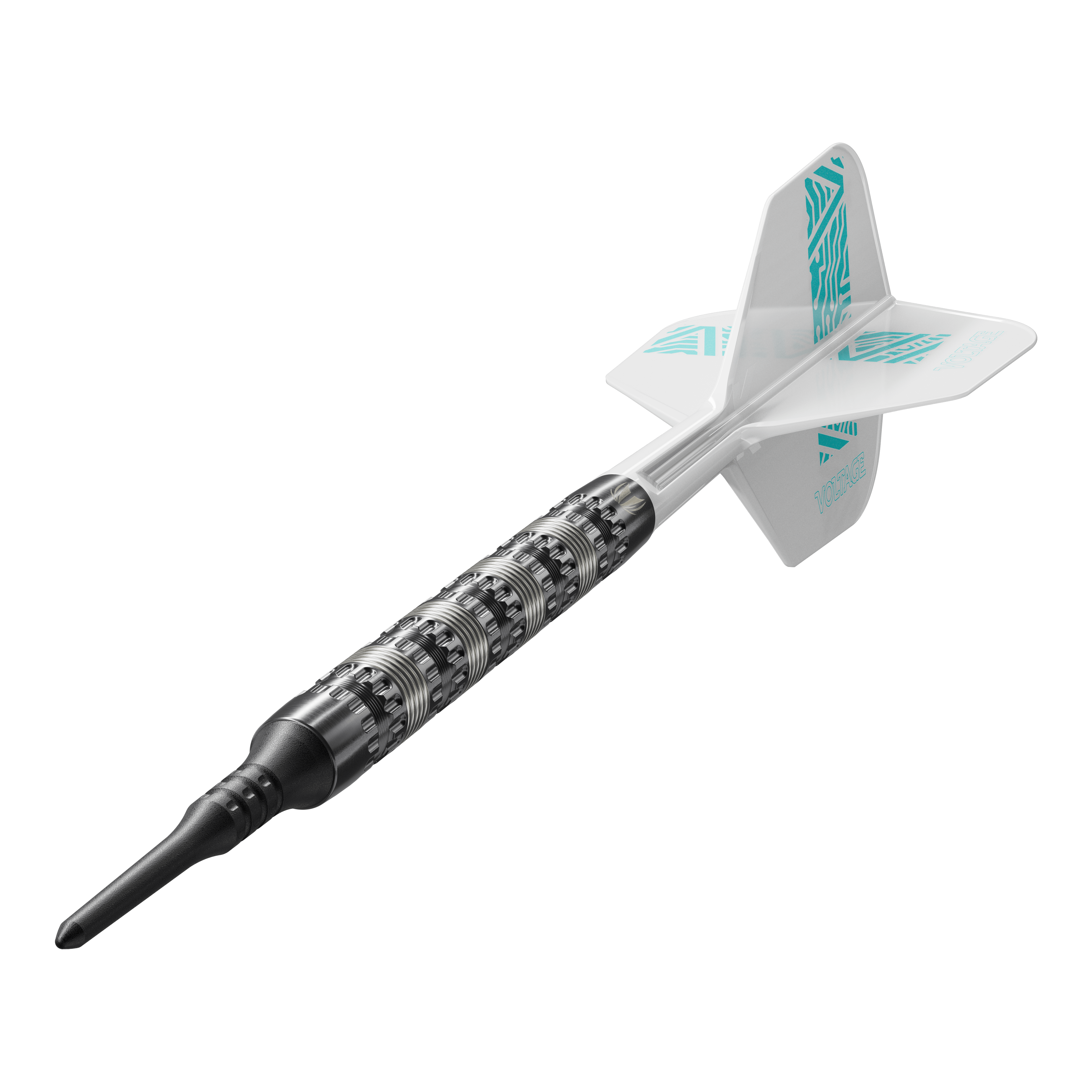 Dardos Target Rob Cross 95K Swiss Point Soft - 18 g Auf dem Bild ist ein Target Rob Cross 95K Swiss Point Softdart mit 18g zu sehen. Der Dart hat einen strukturierten silbernen Barrel, eine schwarze Spitze und weiße Flights mit türkisfarbenen Akzenten.