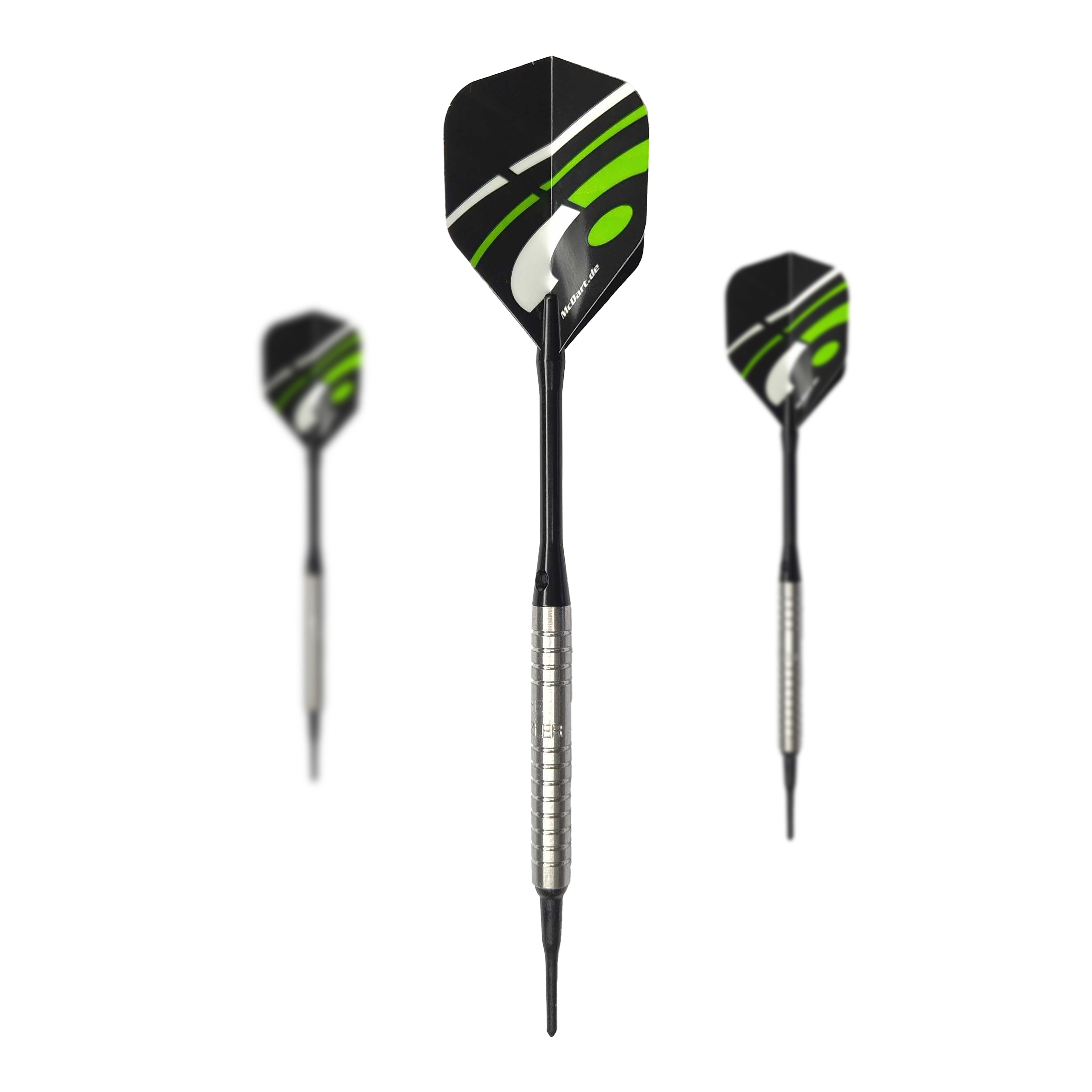 Dardos blandos McDart 85 Tungsten V16 - 16,5 g Das Bild zeigt drei Softdarts des Modells "McDart 85er Tungsten V16" mit einem Gewicht von 16,5g. Die Darts haben silberne Griffe und schwarze Flights mit grünen und weißen Akzenten.