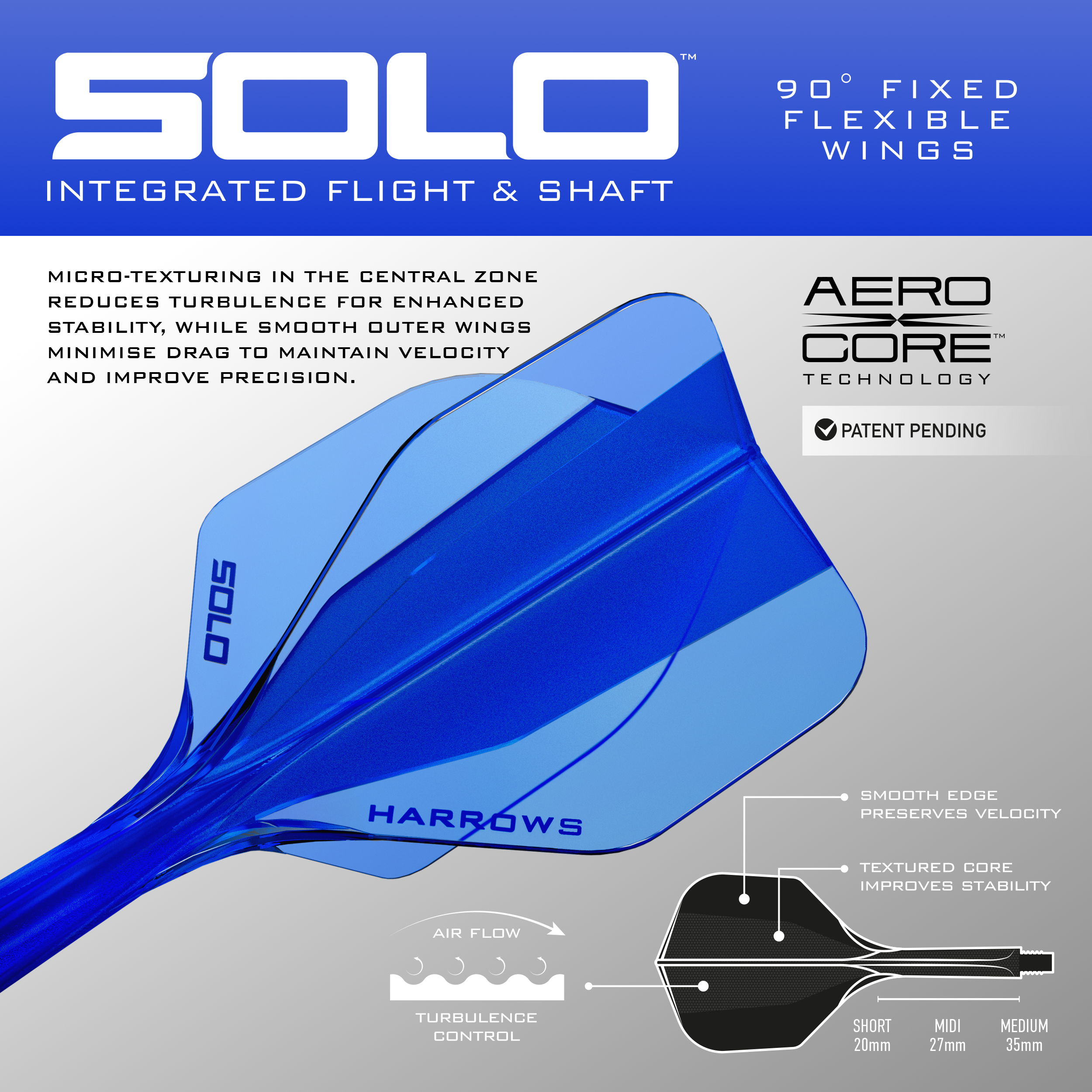 Sistema de eje de vuelo Harrows Solo No6 - Azul Zu sehen ist das blaue Harrows Solo No6 Flight-Shaft-System. Dieses Produkt wird für Dartpfeile verwendet.