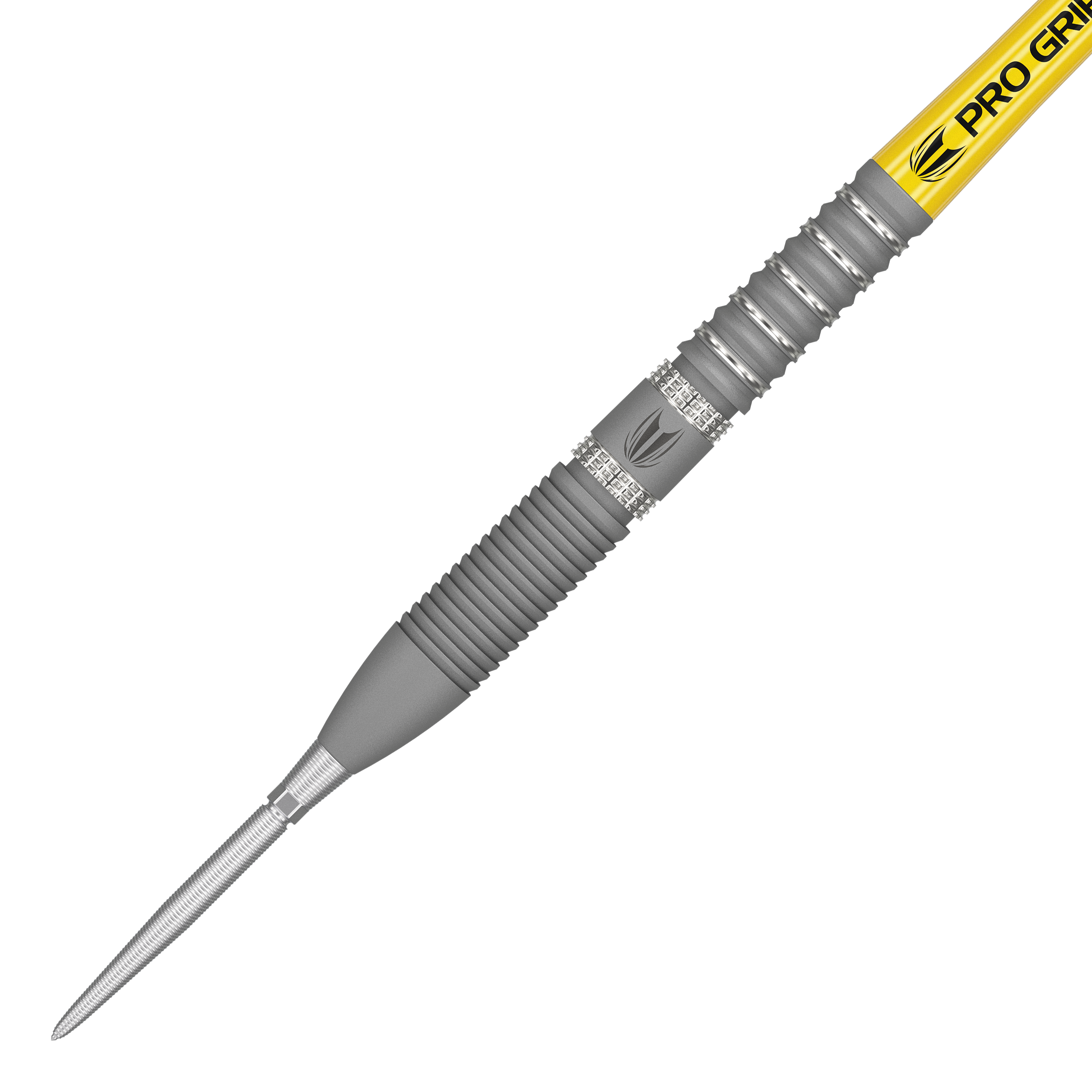Dardos de acero Target Gabriel Clemens GEN2 Swiss Point Das Bild zeigt den Target Gabriel Clemens GEN2 Swiss Point Steeldart. Der Dartpfeil hat eine silberne Spitze, einen geriffelten Griffbereich und einen gelben Schaft mit der Aufschrift „PRO GRIP“.