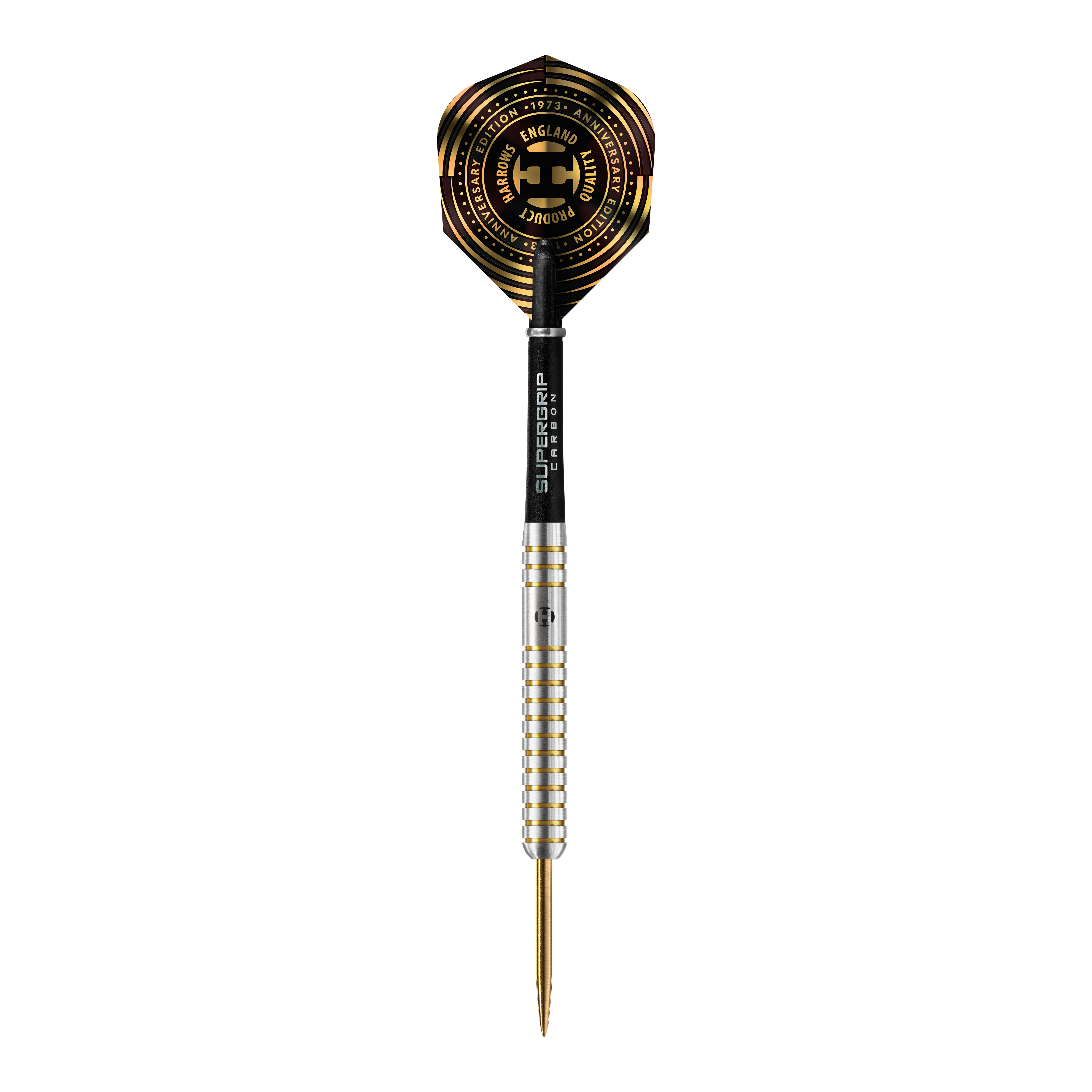 Edición de aniversario de Harrows Los Steeldarts originales Das Bild zeigt einen Harrows Anniversary Edition The Original Steeldart mit silbernem Schaft und goldenen Akzenten. Das Dartflight ist schwarz-gold gestaltet und trägt einen Jubiläumsaufdruck.