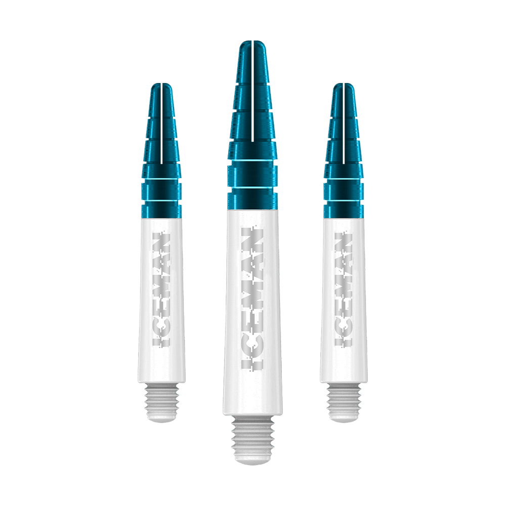 C634_Red_Dragon_Nitrotech_Gerwyn_Price_Shafts_White_36mm_1 Das Bild zeigt drei weiße Dartschäfte mit blauen Spitzen. Auf den Schäften steht in silberner Schrift das Wort "ICEMAN".