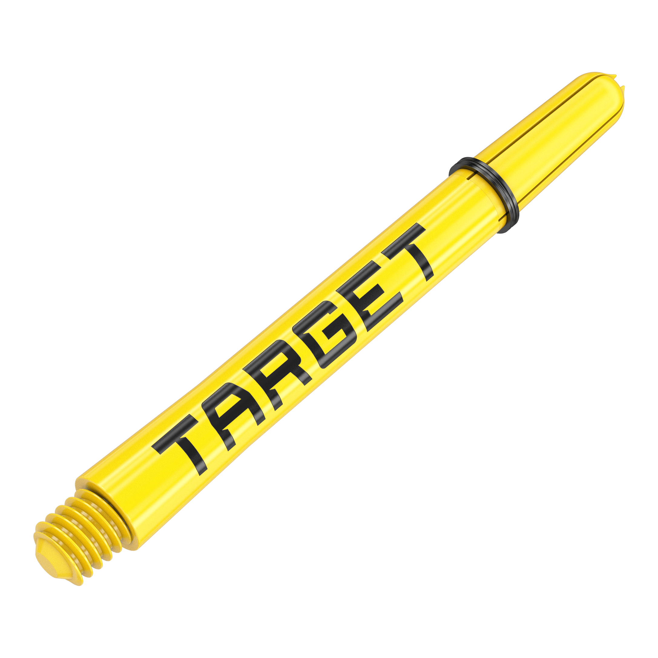 Varillas Target Pro Grip TAG - 3 juegos - Amarillas Das Bild zeigt einen gelben Dart-Schaft mit der Aufschrift "TARGET". Er hat ein Gewinde an einem Ende und einen schwarzen Ring in der Mitte.