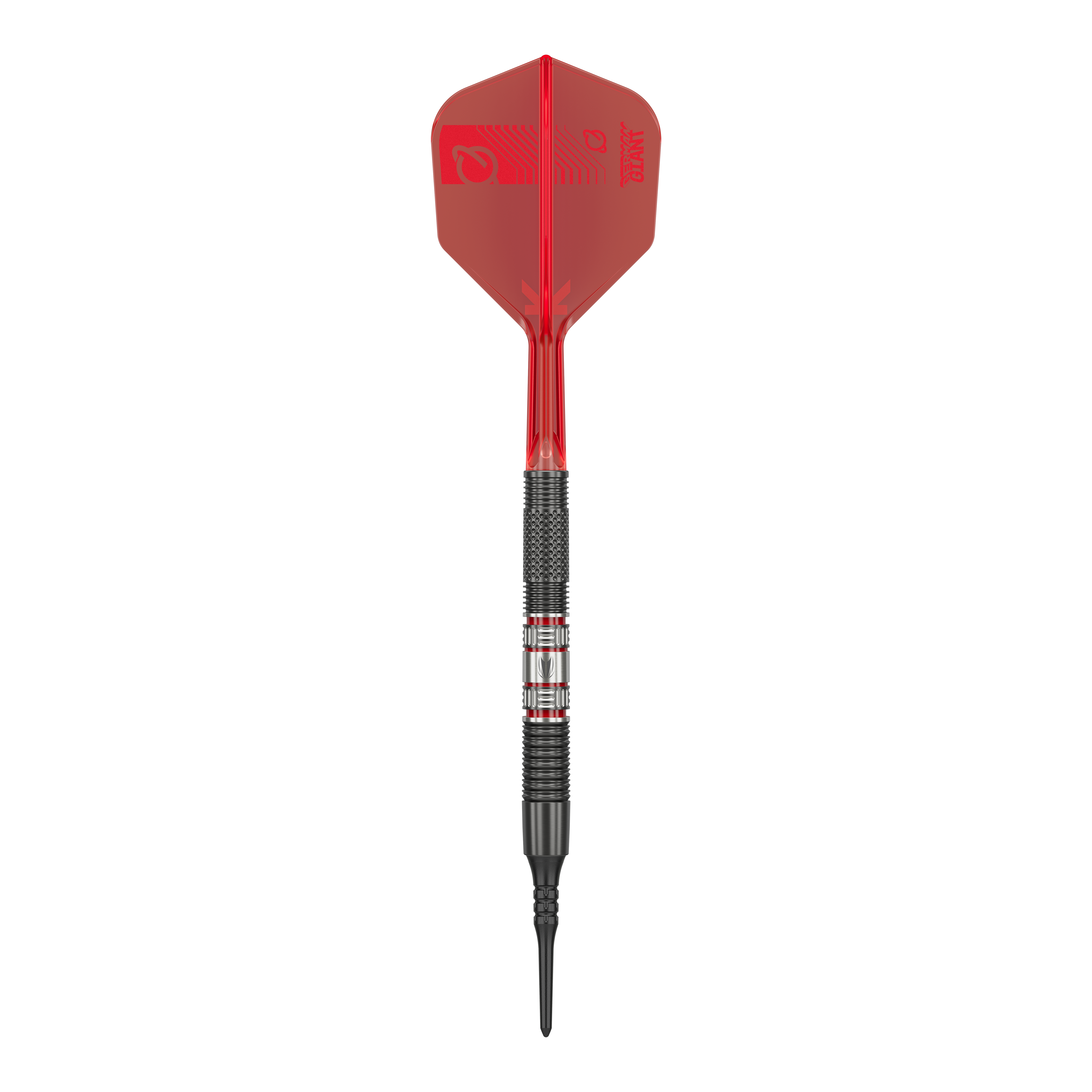 Dardos blandos Target Gabriel Clemens 95K - 19 g Das Bild zeigt einen Softdartpfeil des Modells „Target Gabriel Clemens 95K Softdarts - 19g“. Der Pfeil hat eine rote Flight, einen schwarzen Griffbereich und eine schwarze Spitze.