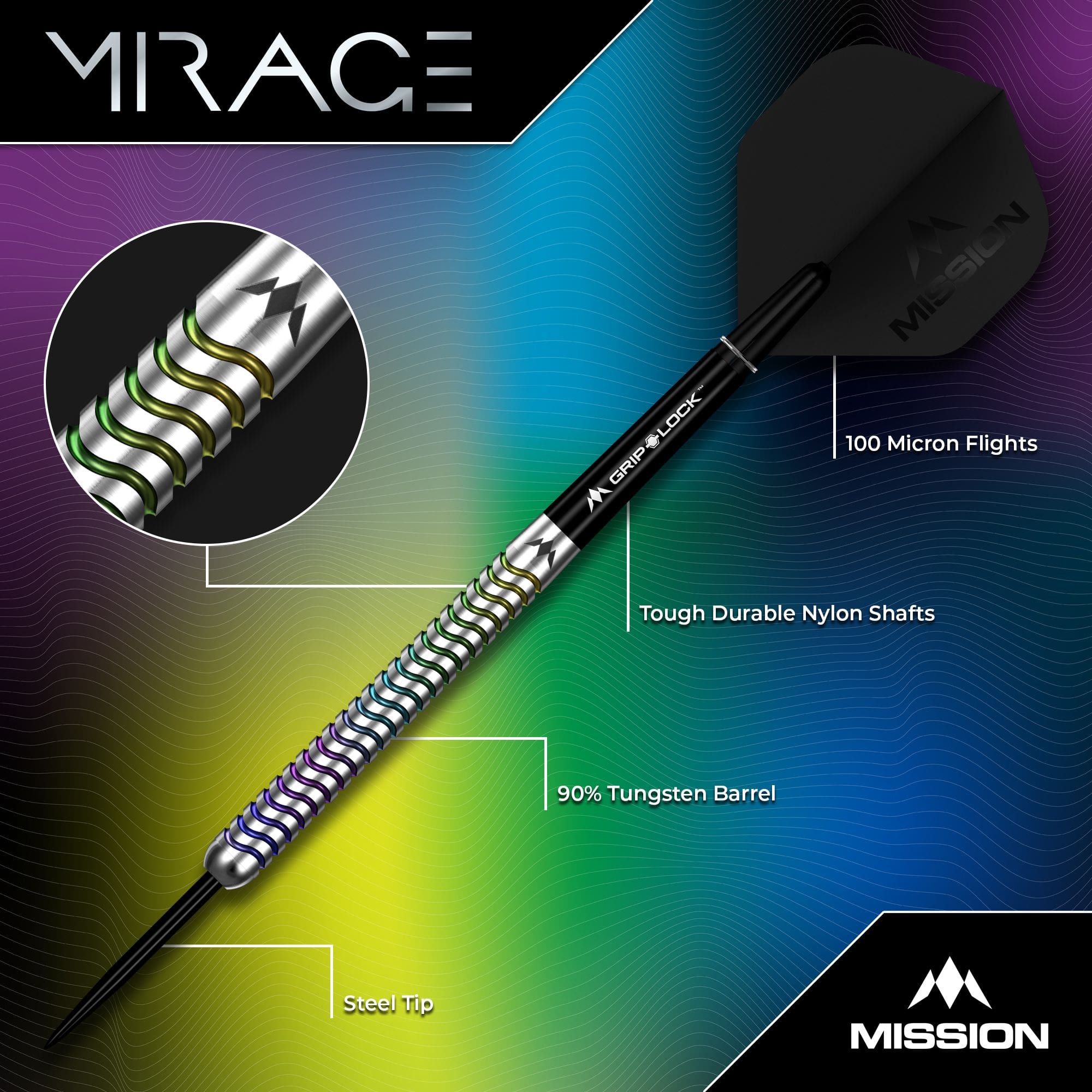 Dardos de acero Mission Mirage Mission Mirage Steeldarts sind für das Dartspiel entwickelt. Diese Aufnahme stellt das Modell in Nahaufnahme dar.