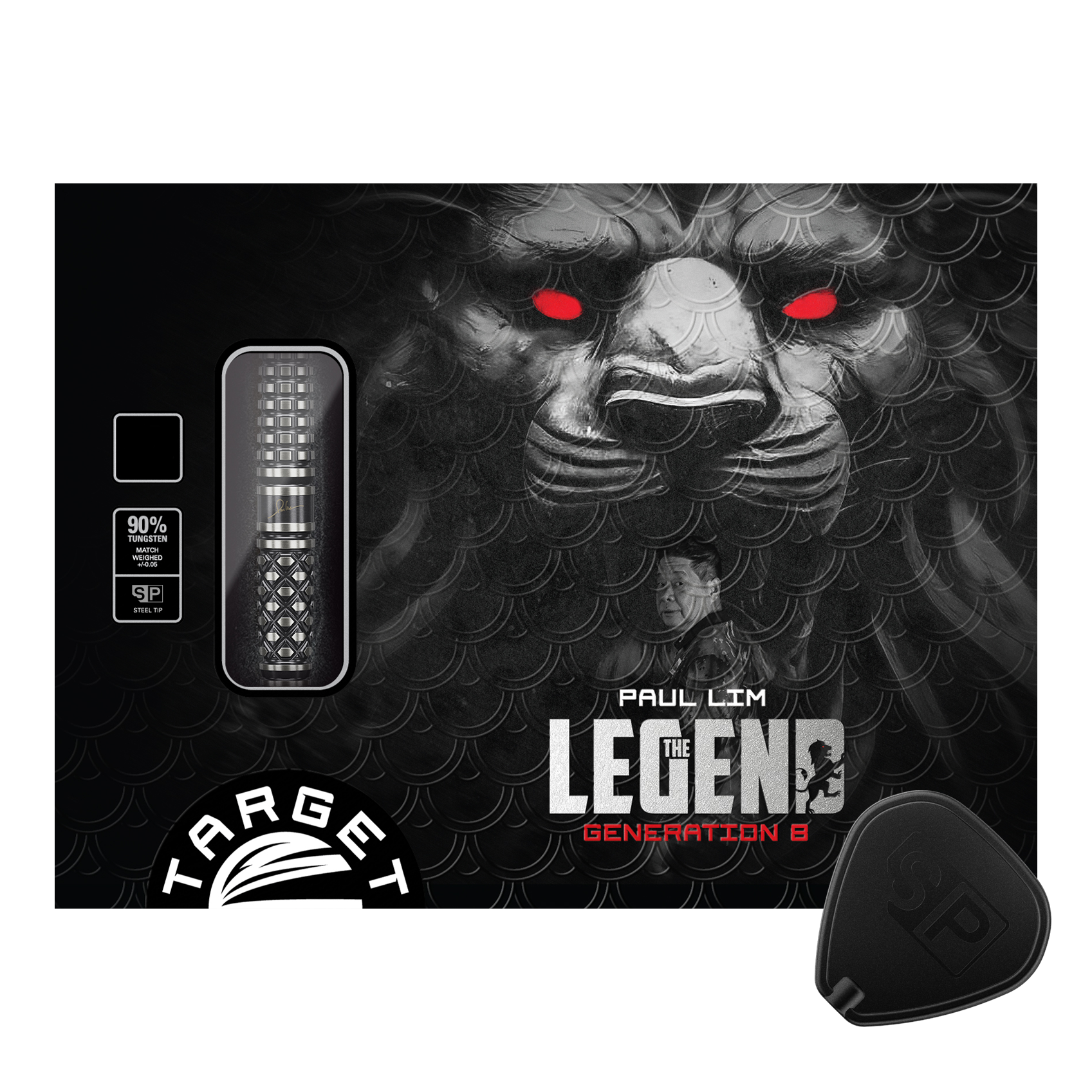 Dardos de acero Target Japan Paul Lim The Legend GEN8 Swiss Point de 24 g Die Verpackung zeigt die "Target Japan Paul Lim The Legend GEN8 Swiss Point Steeldarts - 24g". Im Hintergrund ist ein Löwenkopf mit roten Augen und ein Porträt von Paul Lim zu sehen.