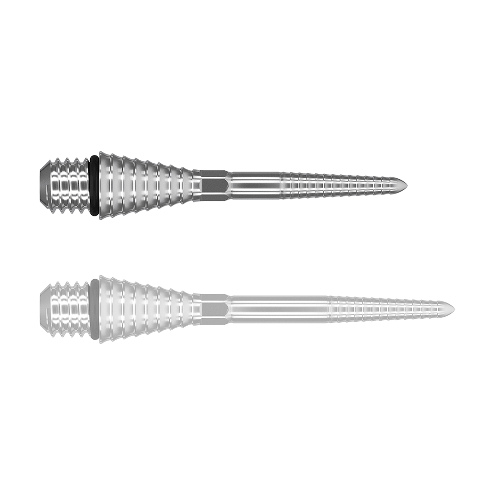 380180_Target_Titanium_Swiss_Point_Grooved_Conversion_Points_Silber_26mm_10YAdudCzG7xN4 Das Bild zeigt zwei silberne, geriffelte Spitzen, die nebeneinander liegen. Sie wirken metallisch und haben eine konische Form mit gewindeförmigem Ende.
