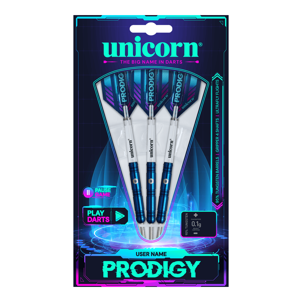 Dardos de acero paralelos Unicorn Prodigy 01 Das Bild zeigt die Verpackung der "Unicorn Prodigy 01 Parallel Steeldarts". Drei blaue Steeldarts sind in einer modernen, futuristisch gestalteten Packung präsentiert.