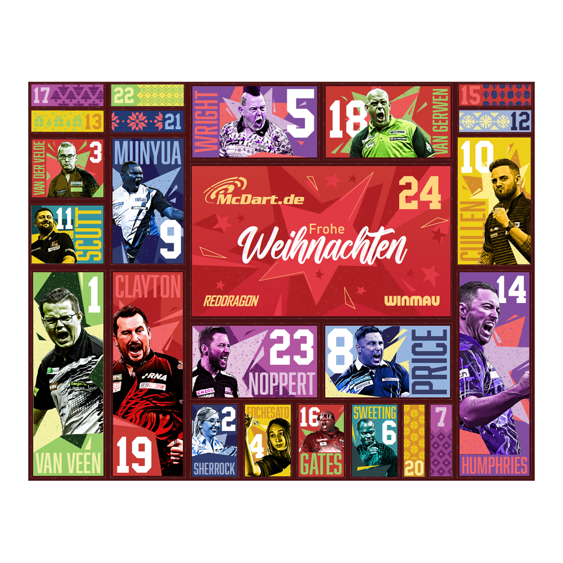 Der McDart Steel-Darts Adventskalender 2026 ist auf diesem Bild zu sehen. Die Verpackung zeigt attraktive Darts-Motive und weihnachtliches Design.