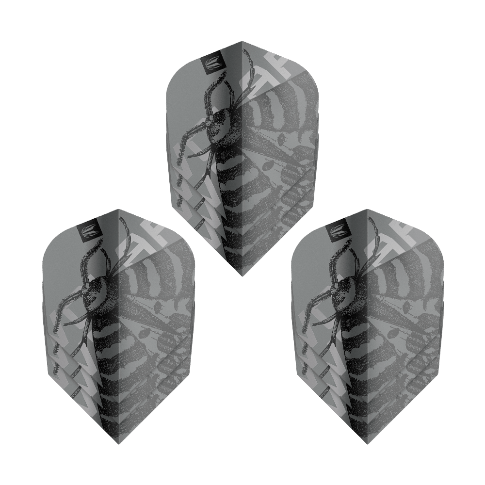 Plumas Target Pro Ultra Volar No6 - 3 juegos Das Bild zeigt drei Sets von Target Pro Ultra Volar No6 Flights. Die Flights sind grau mit einem schwarzen Insektenmuster gestaltet.