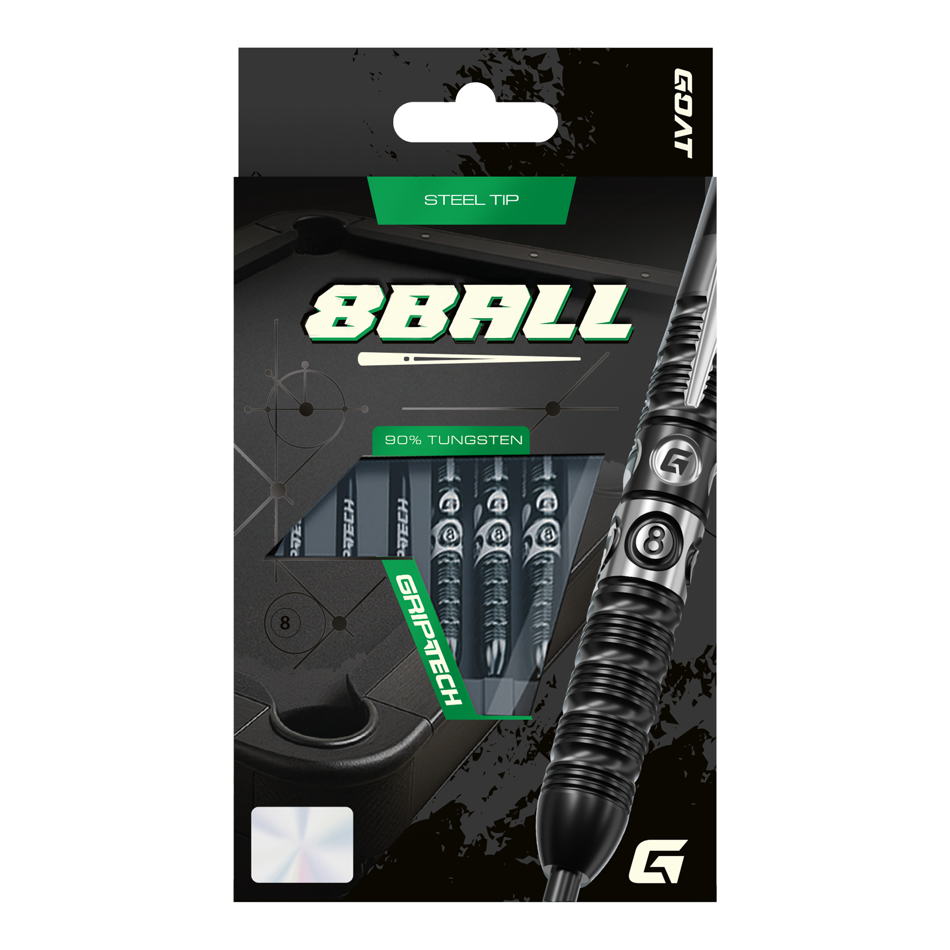 Das Bild stellt die GOAT 8Ball Steeldarts dar. Details des Dartpfeils sind klar erkennbar.