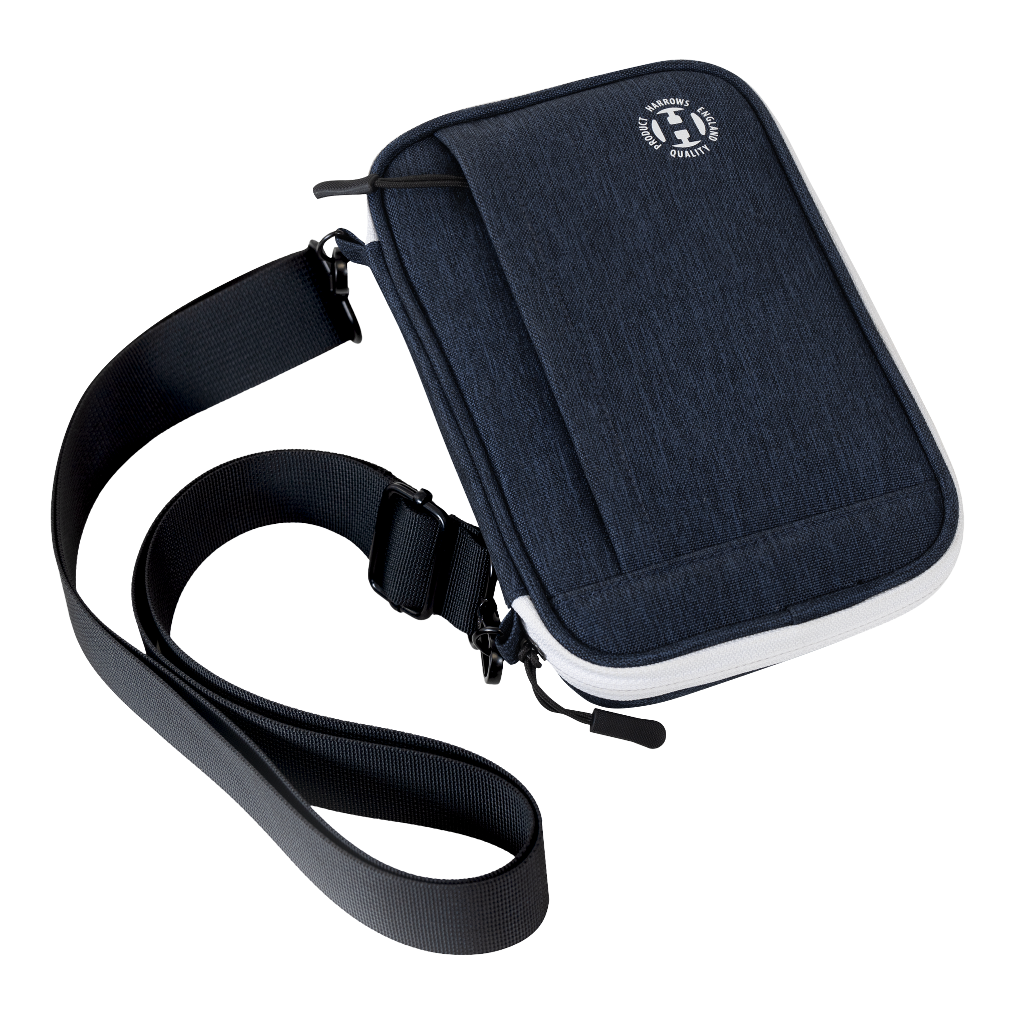 Cartera para dardos Harrows Smart Case XL Das Bild zeigt eine blaue Tragetasche mit einem verstellbaren Schultergurt. Auf der Vorderseite befindet sich ein rundes Logo mit Schriftzug.