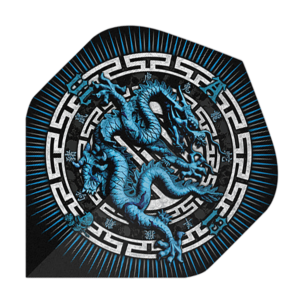 Vuelos estándar n.° 2 del Año del Dragón de Alchemy Das Bild zeigt das Produkt "Alchemy Year Of The Dragon No2 Standard Flights". Auf dem Flight ist ein blauer Drache in einem dekorativen, kreisförmigen Muster abgebildet.