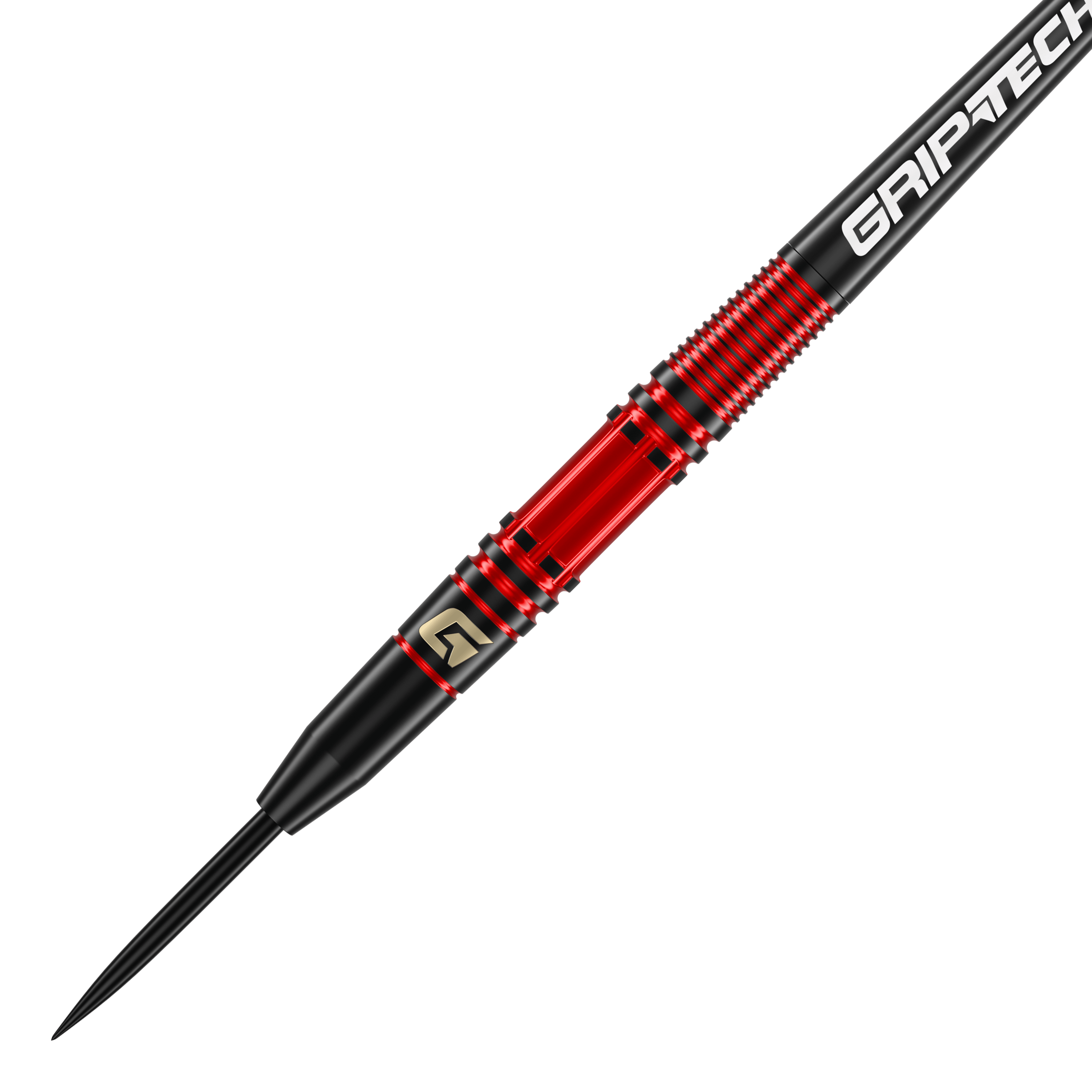 Dardos de acero GOAT Athlete de latón rojo - 11 g Das Bild zeigt einen GOAT Athlete Red Brass Steeldart mit einem Gewicht von 11 Gramm. Der Dart hat ein auffälliges rotes und schwarzes Design mit dem Schriftzug "GRIPTECH" auf dem Schaft.
