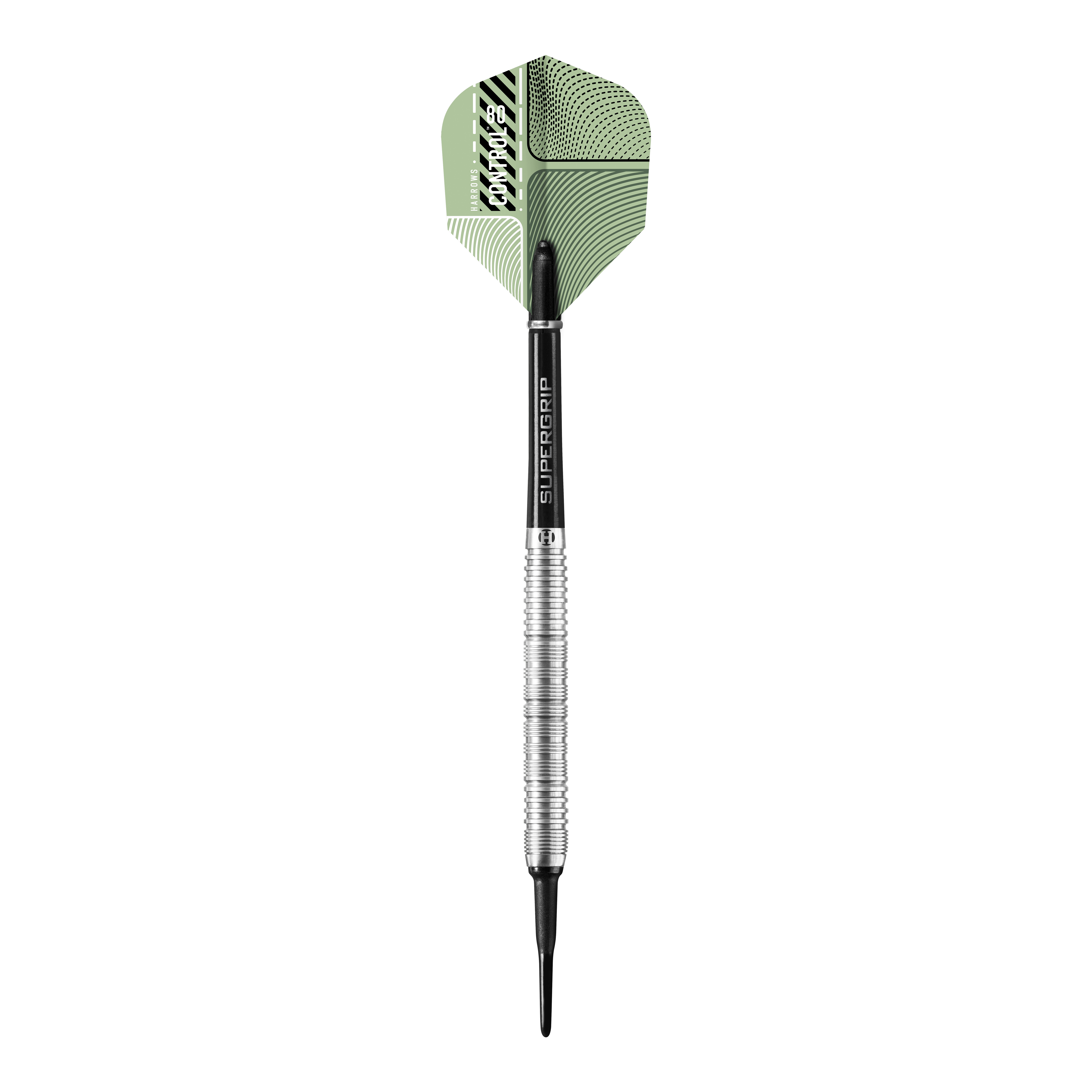 Dardos blandos paralelos Harrows Control Das Bild zeigt einen Harrows Control Parallel Softdart mit einem silbernen und schwarzen Schaft. Die Dartflügel sind grün gemustert und tragen das Markenlogo.