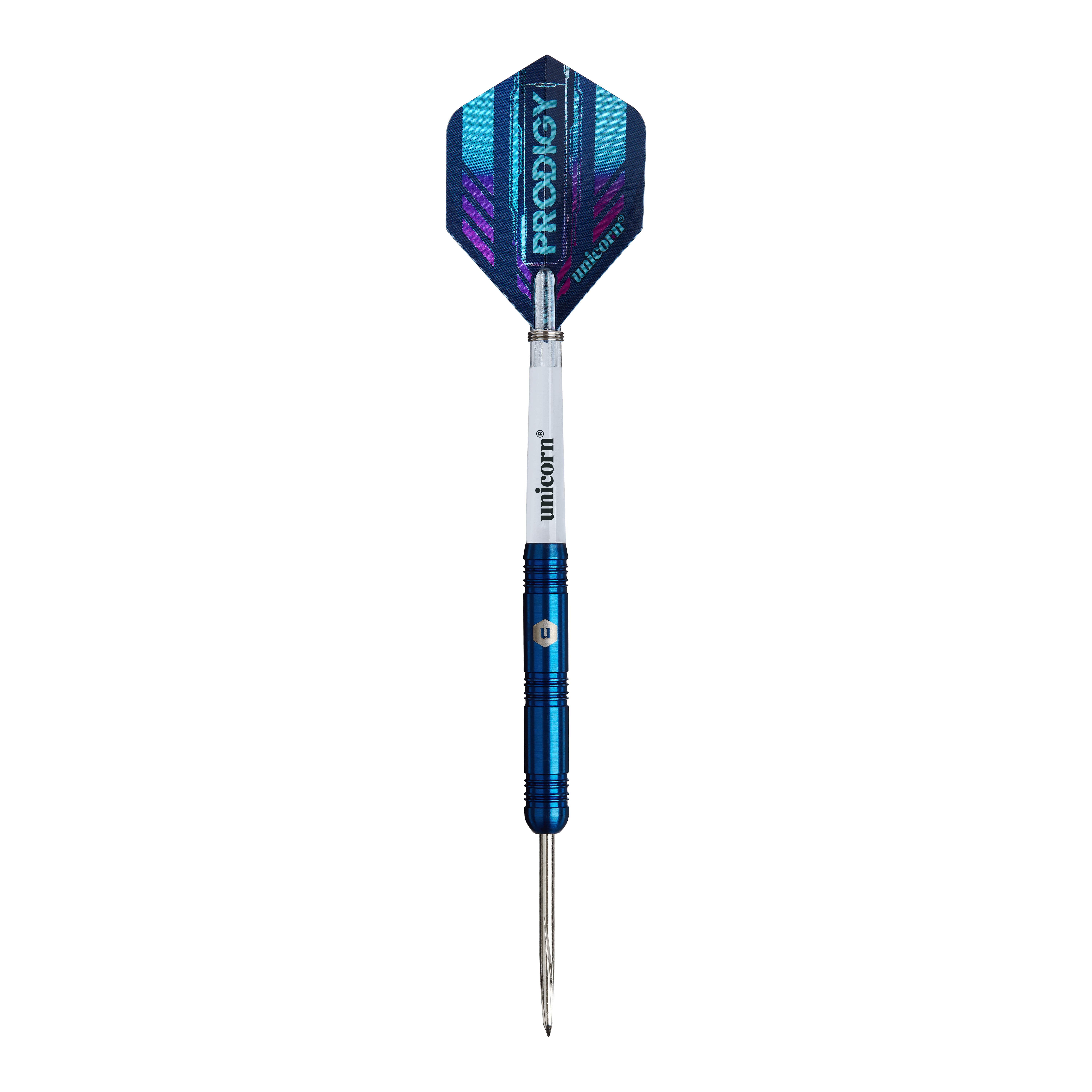 Dardos de acero paralelos Unicorn Prodigy 01 Das Bild zeigt einen Unicorn Prodigy 01 Parallel Steeldart. Der Dartpfeil hat ein blaues Design mit einer glänzenden Spitze und einem Flight mit der Aufschrift "PRODIGY".
