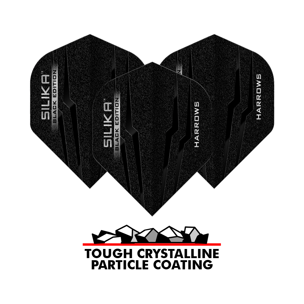 Plumas estándar Harrows Silika Black Edition No2 Das Bild zeigt drei schwarze Harrows Silika Black-Edition No2 Standard Flights. Unten steht der Schriftzug „Tough Crystalline Particle Coating“ mit einer Grafik von Kristallen.