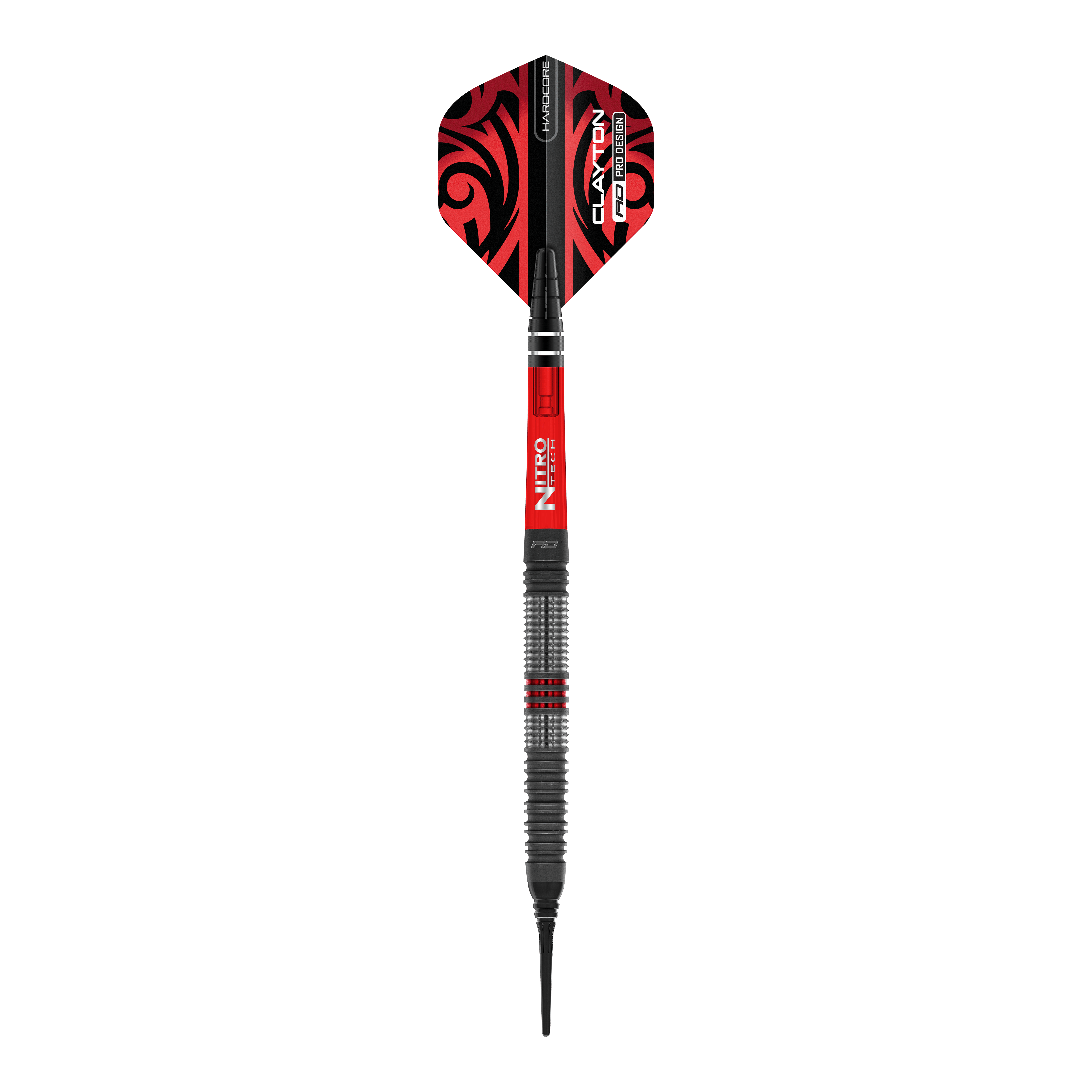 Dardos blandos Red Dragon Jonny Clayton Hiraeth - 20 g Das Bild zeigt einen Softdart der Marke Red Dragon, Modell "Jonny Clayton Hiraeth" mit einem Gewicht von 20 Gramm. Der Dart ist überwiegend in den Farben Rot und Schwarz gestaltet und hat ein auffälliges Muster auf dem Flight.