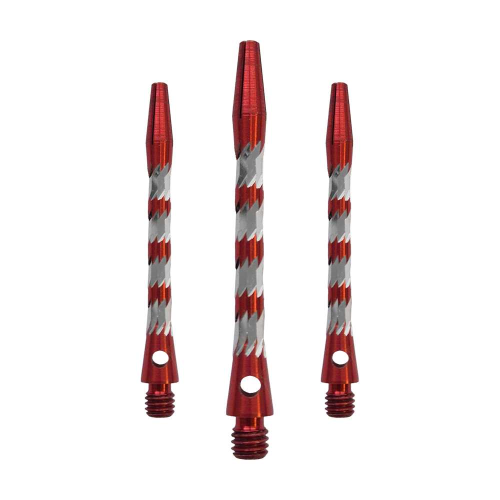 Ejes de aluminio Bulls NL Minor - Rojo - 46 mm Bulls NL Minor Aluminium Shafts in Rot, 46 mm lang. Das Bild zeigt ein Set roter Aluminiumschäfte für Dartpfeile.