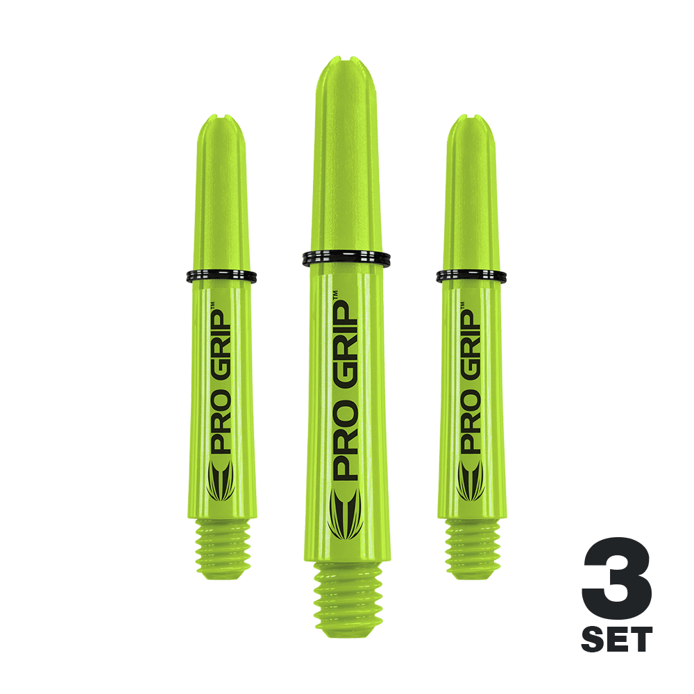 Varillas Target Pro Grip - 3 juegos - Verde lima Das Bild zeigt drei limegrüne Pro Grip Shafts für Dartpfeile. Unten rechts steht "3 Set", was anzeigt, dass es sich um ein Set mit drei Stück handelt.