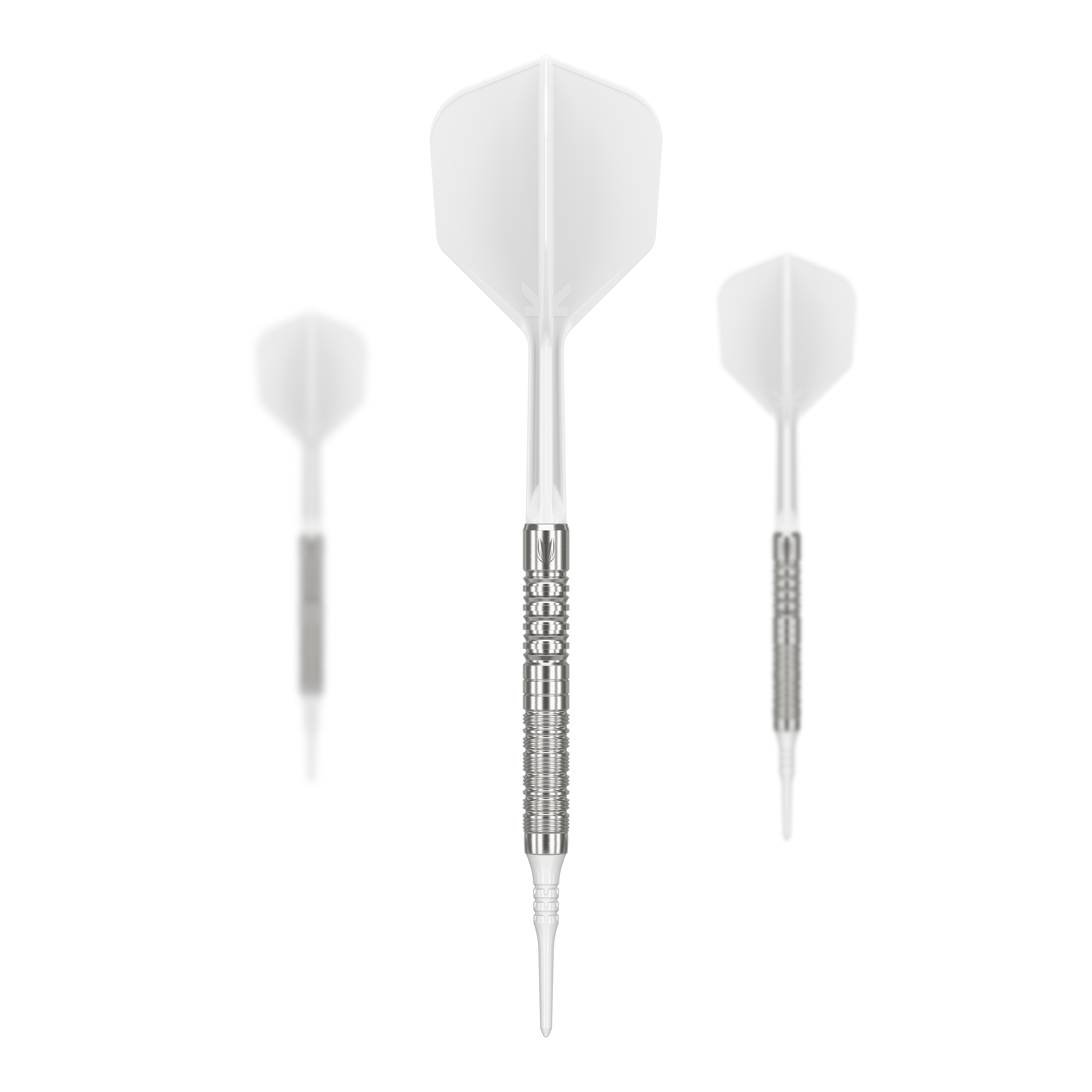 Dardos blandos Target Japan Crux Honor - 18,5 g Das Bild zeigt drei Softdarts mit silbernem Griff und weißen Flügeln. Es handelt sich um das Produkt "Target Japan Crux Honor Softdarts - 18,5g".